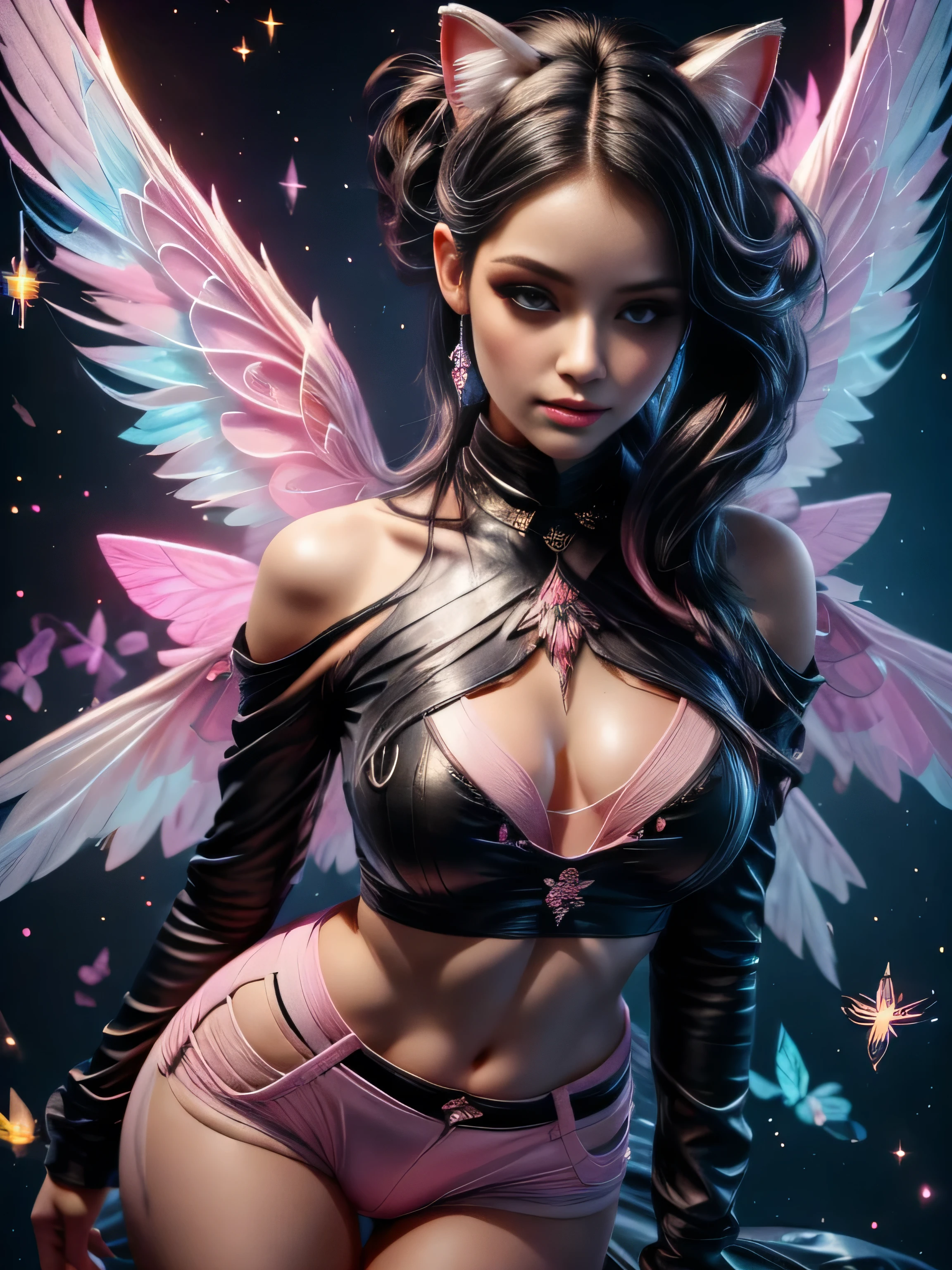 shimmering, sparkling, airbrushed gothic beauty with long black and pink hair in flowing waves, blue eyes, full slim skinny gothic cat girl body, ragged black and pink fluffy wings extending behind her crouching figure, her outfit consists of a pink long-sleeved top with the words "No More Flying" on it, ripped black jeans, pink leather boots, a mottled pink and black background with fluttering feathers, fantastic realism sparkles with unearthly magic
