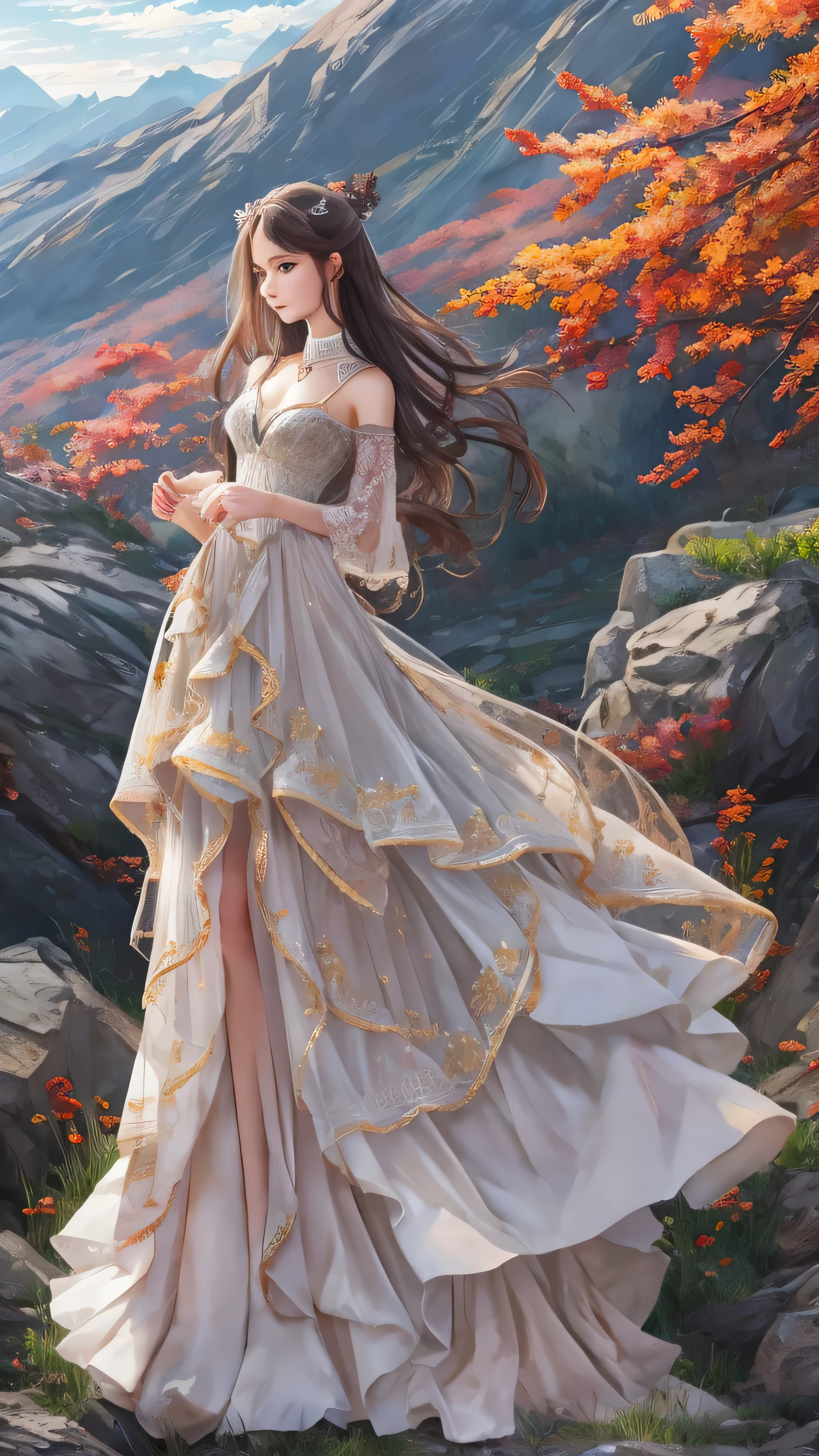best quality, detail, super high resolution, (Faithfulness: 1.4), best illustration, , one very condensed girl , delicate and beautiful faces, Delicate clavicle, High Quality Fishtail Skirt, Open Place on the Mountain 。