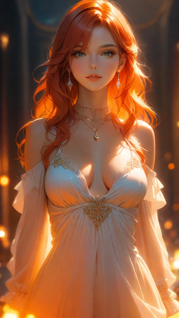 beautiful orange hair, wavy and with straight bangs, skin fair, Blue eyes, Star Eyes, delicate lips, sweet smile