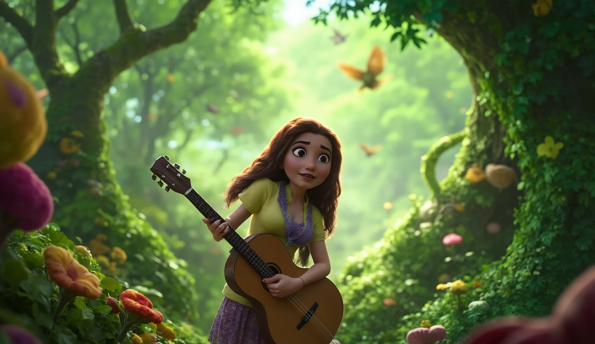 a forest, with flowers, with birds flying through it, a PLAYING THE GUITAR natural lighting, disney pixar cartoon style