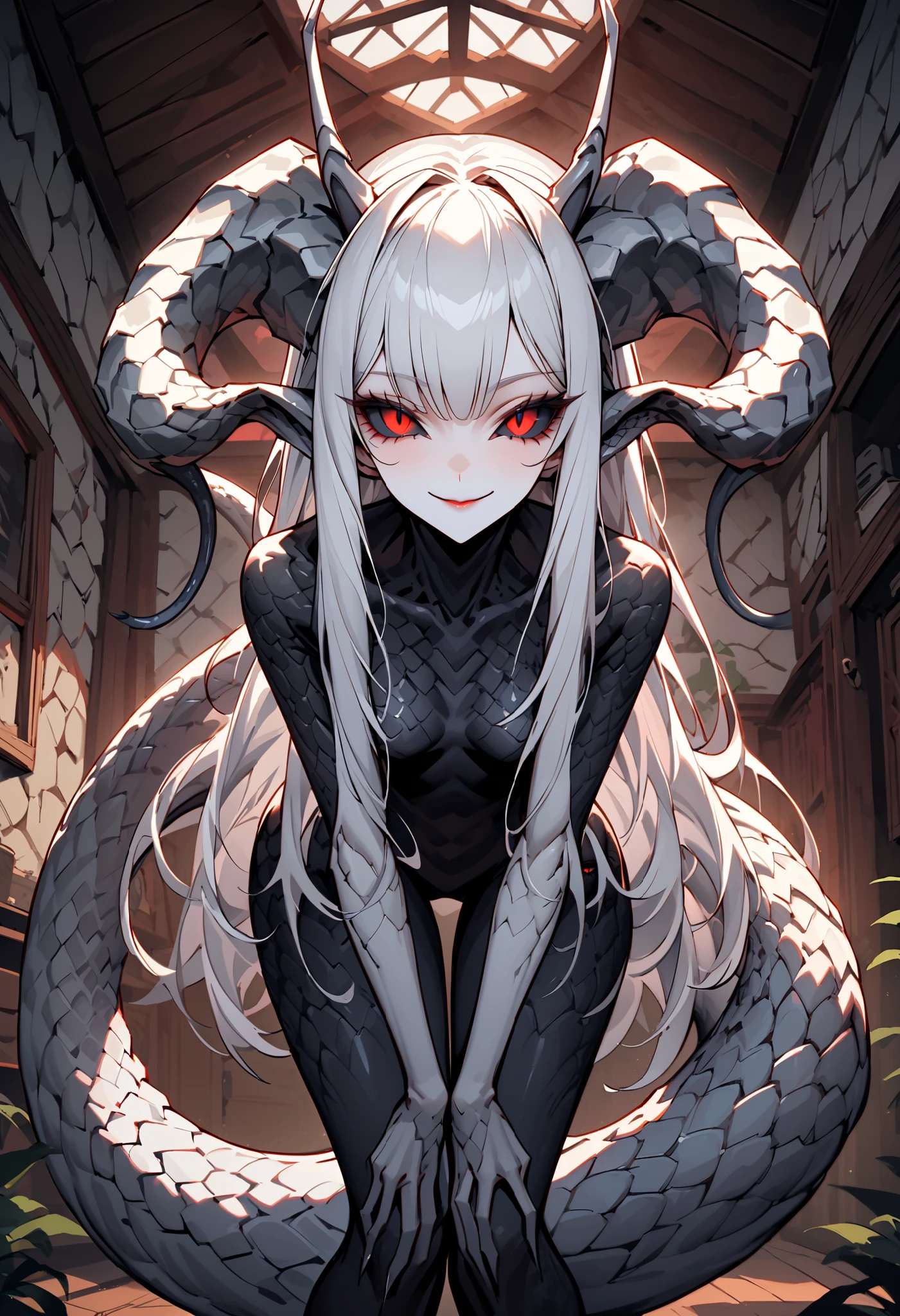 alien outwardly resembling a slim woman with long silver hair and big, red eyes with black sclera. Her antennae seem like large, prehensile, fleshy horns, long strong tail covered in scales, Looking at viewer, cottage indoors, tail:1.3, thick tall, adult, smile, leaning towards viewer