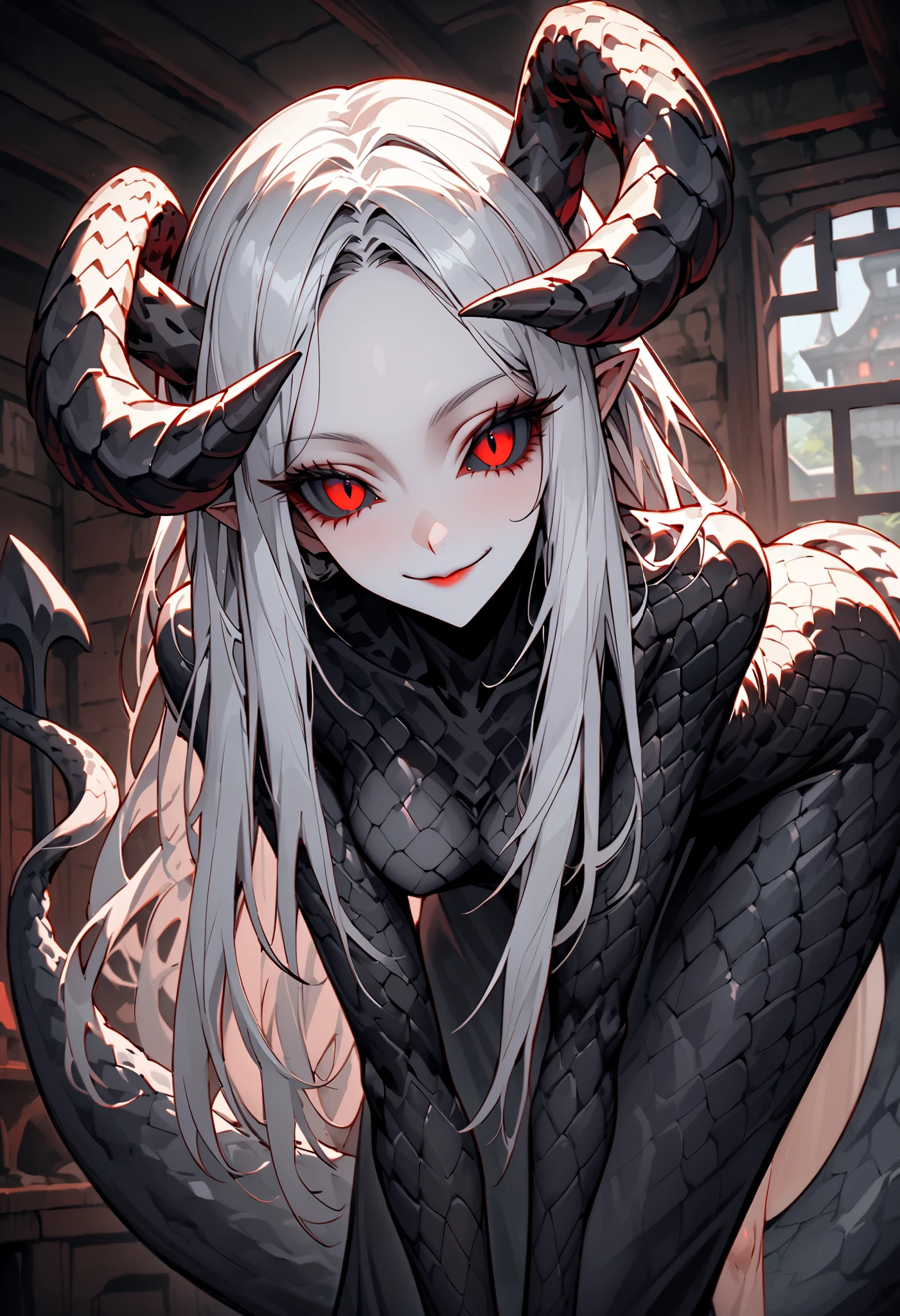 alien outwardly resembling a slim woman with long silver hair and big, red eyes with black sclera. Her antennae seem like large, prehensile, fleshy horns, long strong tail covered in scales, Looking at viewer, cottage indoors, tail:1.3, thick tall, adult, smile, leaning towards viewer