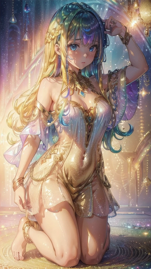 (8k, RAW photo, best quality,sophisticated detail, masterpiece:1.2), (extremely detailed 8k wallpaper),sharp focus, professional lighting, depth of field, cinematic lighting,blur background,BREAK (1girl:1.2),cute face,wet hair,blonde hair, curly hair,braid,slim and smooth lines,slim body,(seductive smile:1.2),Clothes worn by heroes in fantasy,golden ratio,leaning forward,(small breasts:1.4),