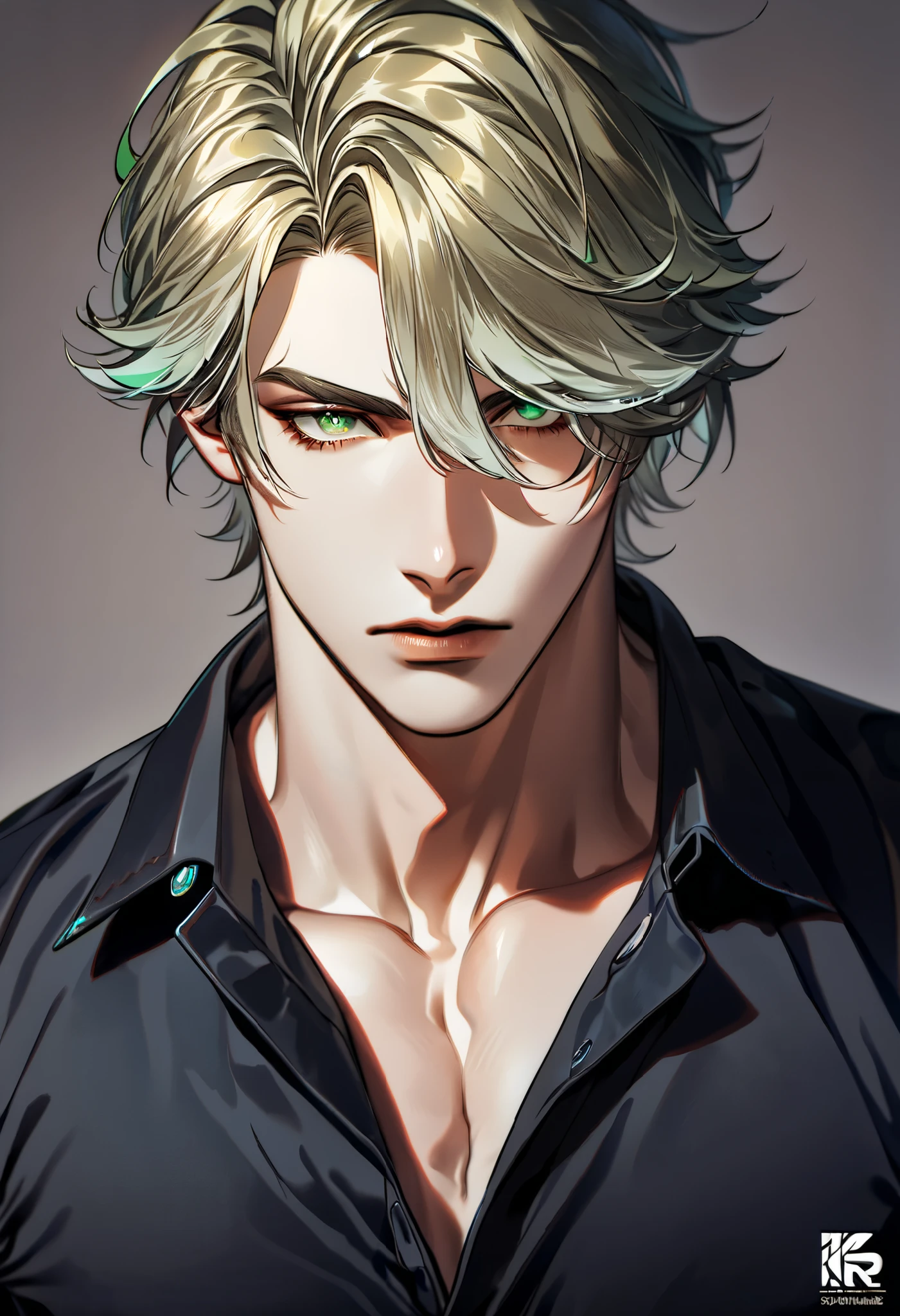 Ultra detailed, HDR, masterpiece, best quality, Alhaitham (blonde hair), 1boy, male focus, solo, green eyes, keen eyes, streaked hair, short hair, swept bangs, hair over one eye, black shirt, simple background, slight muscular body