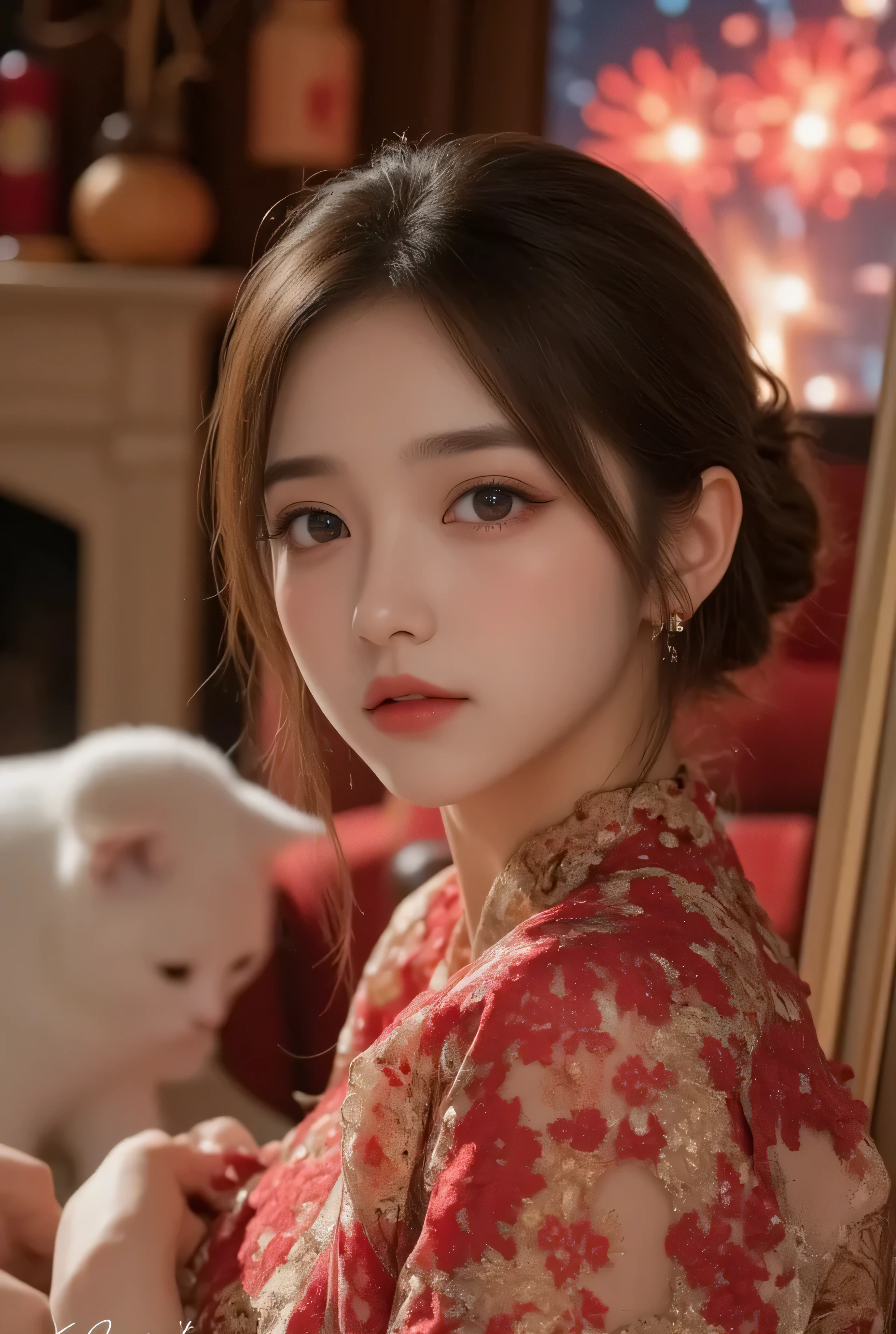 A close-up, head-and-shoulders portrait of a beautiful Korean idol with fine facial features and a ponytail, wearing a red-black-gold short dress with some black-transparent sections, adorned with intricate gold or silver phoenix and floral embroidery. She stands gracefully in a warmly lit room featuring a vintage fireplace and traditional Chinese New Year decorations, including vibrant red lanterns, decorative calligraphy scrolls, a small Chinese orange tree with golden ornaments, and several red envelopes scattered across the floor and hanging from the tree. Adorable, playful cats are part of the scene—some sitting near the tree, others curiously pawing at the red envelopes or lounging around. Through a window or an open door in the background, vibrant Chinese fireworks light up the night sky in an array of reds, golds, and blues, casting a magical glow into the room. The idol’s outfit is complemented by subtle accessories like red hairpins or earrings and a few pretty Chinese hair accessories, along with pink lipstick, enhancing her festive look. The atmosphere is warm and lively, filled with the joyful essence of the celebration, highlighted by dramatic, chiaroscuro lighting, deep contrast, pleasant colors, and intricate, elaborate patterns, creating a super-detailed, realistic 8K cinematic composition.
