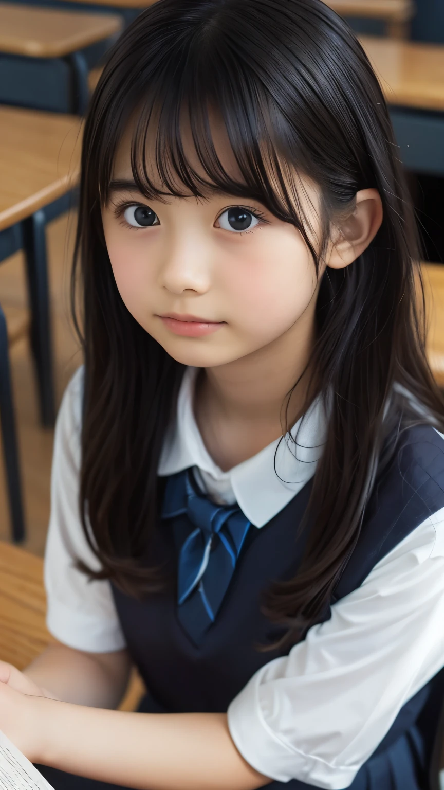 Imagine a charming illustration in the style of Loundraw, Depicts a beautiful schoolgirl. She is wearing a classic school uniform, With a fitted skirt and a perfectly lined shirt. Her long black hair, With soft bangs, Falling gracefully over her shoulders. The girl is depicted in a school setting, A calm and serene environment, Illuminated with soft, neutral light. Scenery details, School desks and chairs etc, Blackboard and books, Carefully expressed to create an authentic atmosphere. The girl's facial expression is calm and focused, Reveals her determination in her studies. The illustration conveys a sense of serenity and concentration, Capturing the subtle beauty of a school routine in a delicate and emotive artistic composition.