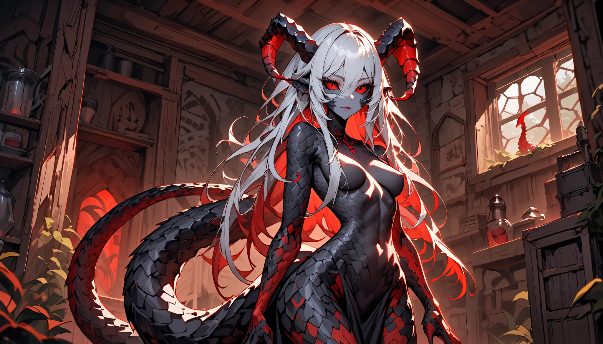 alien outwardly resembling a slim woman with long silver hair and big, red eyes with black sclera. Her antennae seem like large, prehensile, fleshy horns, long strong tail covered in scales, Looking at viewer, cottage indoors, tail:1.3, thick tall, adult, red scales, black scales, white scales