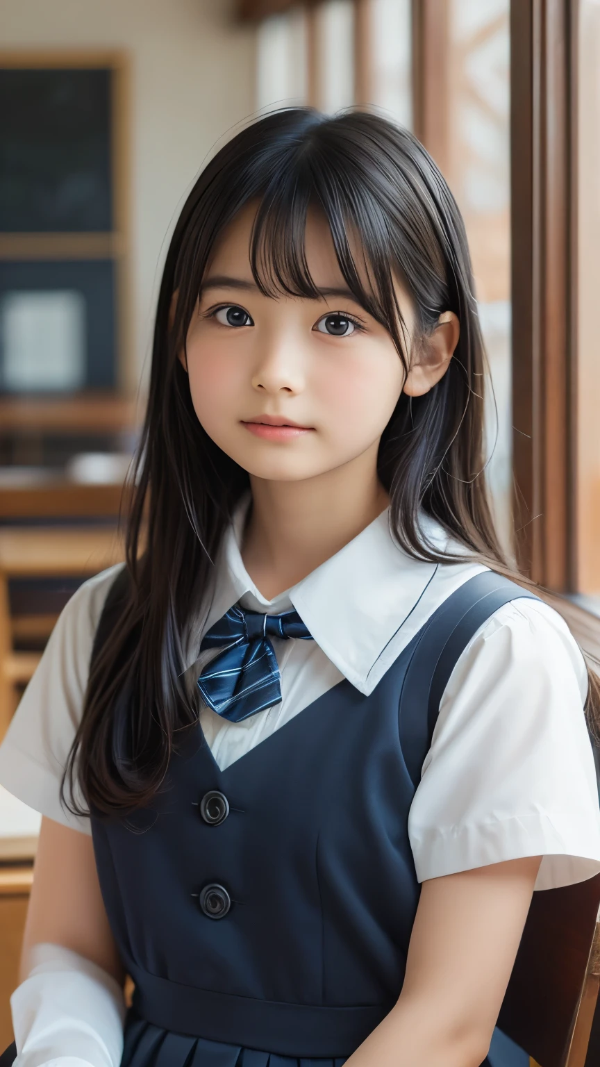 Imagine a charming illustration in the style of Loundraw, Depicts a beautiful schoolgirl. She is wearing a classic school uniform, With a fitted skirt and a perfectly lined shirt. Her long black hair, With soft bangs, Falling gracefully over her shoulders. The girl is depicted in a school setting, A calm and serene environment, Illuminated with soft, neutral light. Scenery details, School desks and chairs etc, Blackboard and books, Carefully expressed to create an authentic atmosphere. The girl's facial expression is calm and focused, Reveals her determination in her studies. The illustration conveys a sense of serenity and concentration, Capturing the subtle beauty of a school routine in a delicate and emotive artistic composition.