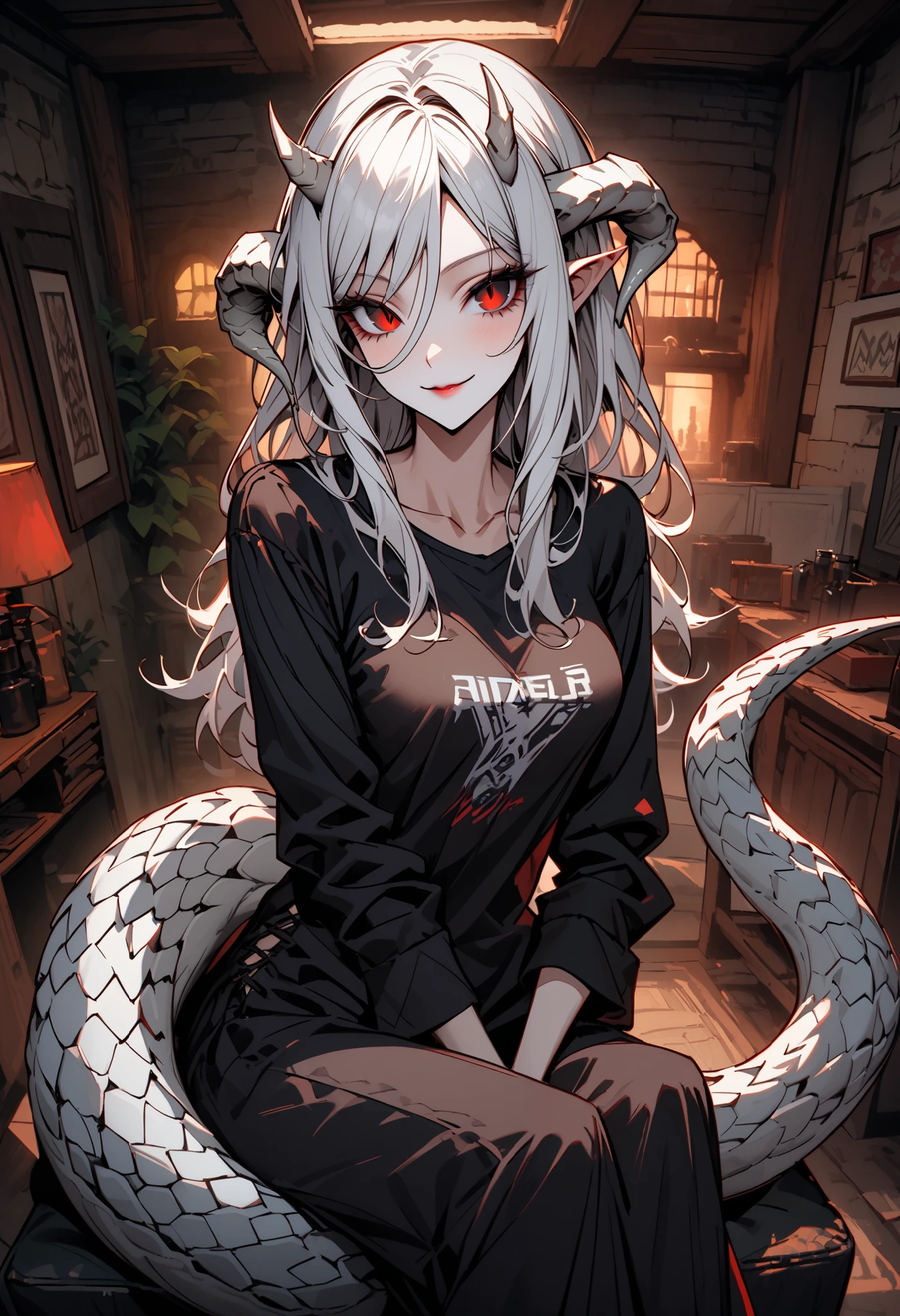 alien outwardly resembling a slim woman with long silver hair and big, red eyes with black sclera. Her antennae seem like large, prehensile, fleshy horns, long strong tail covered in scales, Looking at viewer, cottage indoors, tail:1.3, thick tall, adult, casual clothes, smile, friendly, leaning, towards viewer