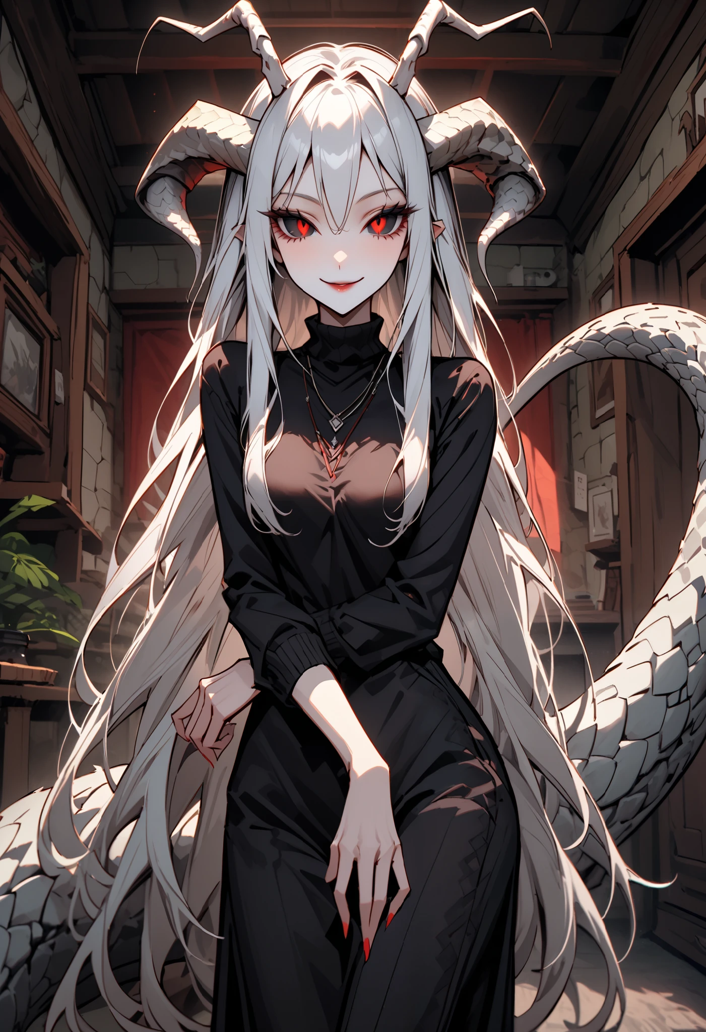 alien outwardly resembling a slim woman with long silver hair and big, red eyes with black sclera. Her antennae seem like large, prehensile, fleshy horns, long strong tail covered in scales, Looking at viewer, cottage indoors, tail:1.3, thick tall, adult, casual clothes, smile, friendly, leaning, towards viewer