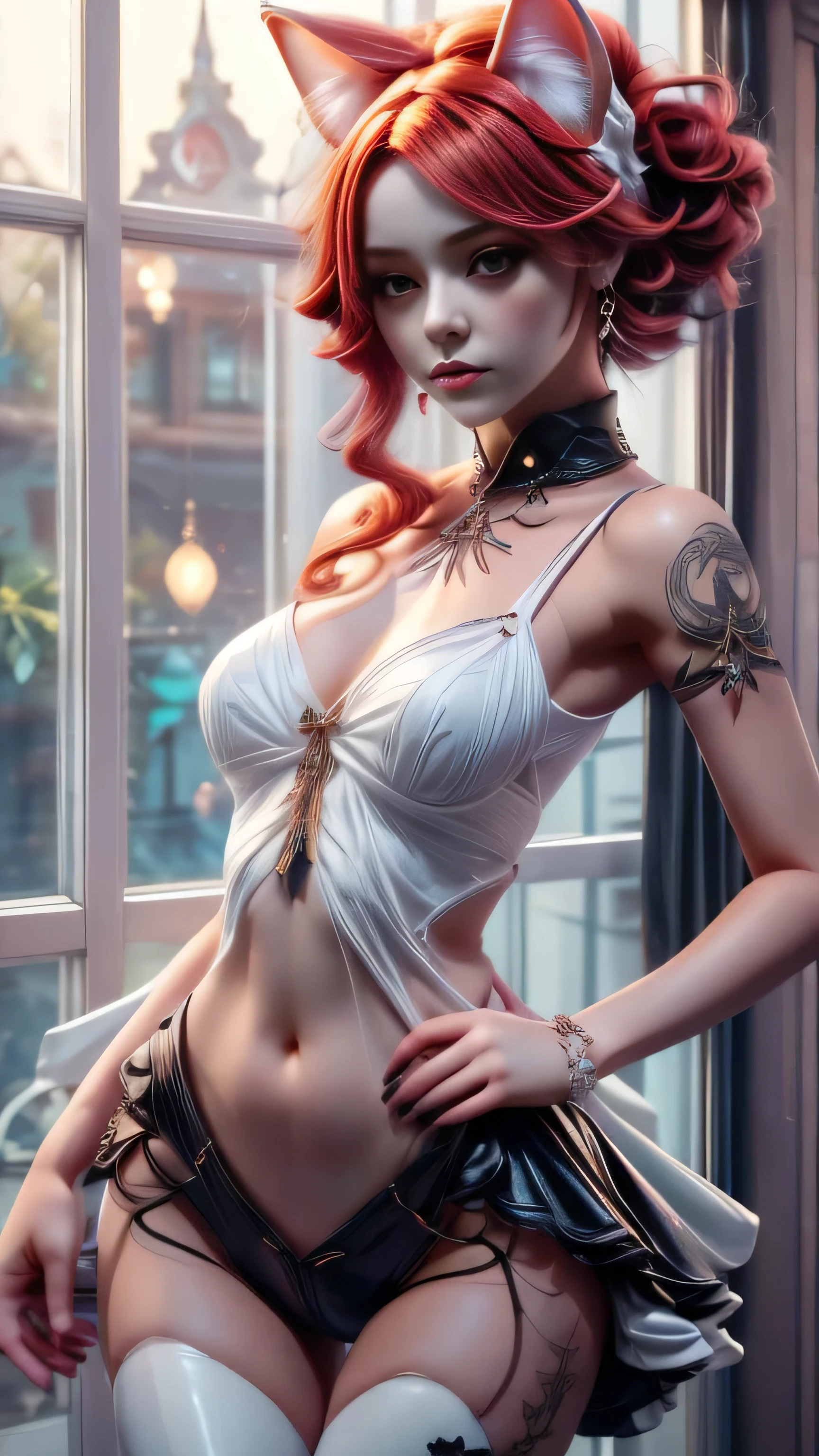 there is a doll with red hair and a cat ears, full body of a goth catgirl, dollpunk, artdoll, [ trending on cgsociety ]!!, beautiful young catgirl, wlop loish and clamp style, cgsociety ), cgsociety - w 1 0 2 4 - n 8 - i, cgsociety 9, bjd, cgsociety