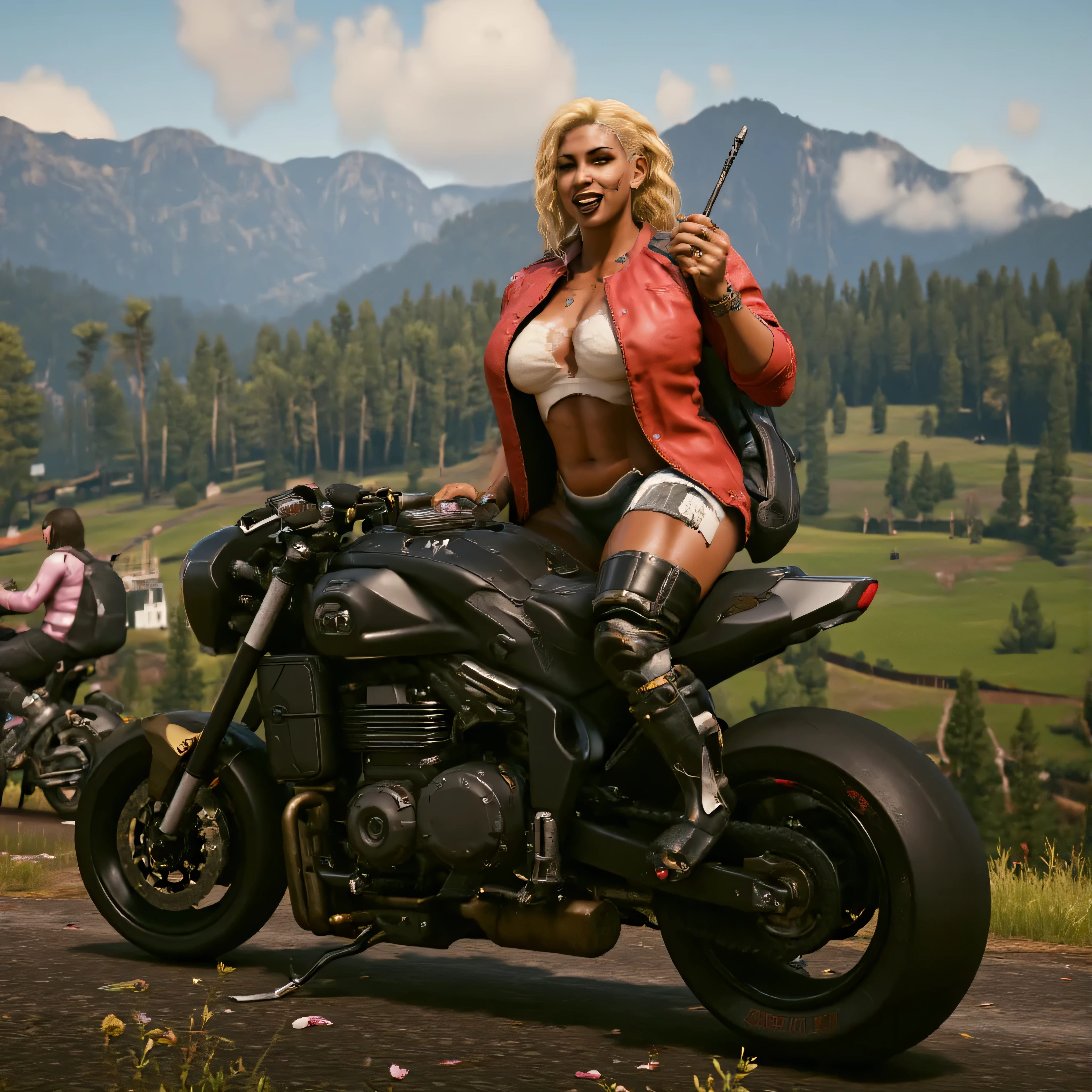 ((best quality)), (detailed), 1 japanese pornstar women fighter, 8k_wallpaper, extremely detailed eyes, (large masterpiece digital art), (intricate details:1.3 ), (ultra-detailed:1.3), (sharp focus:1.3), (natural lighting:1.05), (vivid colors:1.3), (best quality:1.4), expressive eyes, full body, detailed face, beautiful face, perfect face, ((blonde lush and thick curly hair)), (gold eyes), {{dark bronze skin}}, ({dark bronze skinned female}), (big breasts), huge chest, big wide ass, powerful relief muscles of the abdomen and legs, powerful strong muscles of the arms, Full body shot, Chinese style, Hands Mechanical prosthesis, a predatory and daring look and a smile with many fangs, dressed in an open red coat with rolled up sleeves, a translucent white crop top through the fabric, the clear outlines of large pointed nipples with large openings of the mammary glands are visible, denim mini-shorts, short leather gloves, long steel bracelets, a walkie-talkie hangs on her belt, a hiking backpack made of deer leather, riding along the road on a cyber motorcycle with wide wheels, a mechanical cyberpunk motorcycle, against the backdrop of green fields with flowers and dense forests,