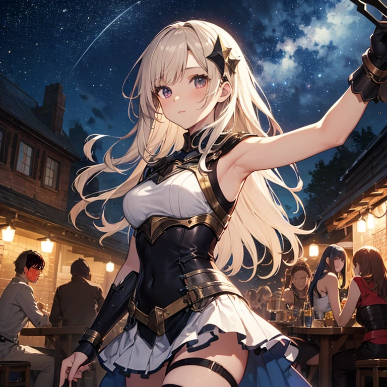 A group of young female knight, (in tavern), various hair styles, harem, wearing armored clothes, metal armor, night, details face, , short skirt, seducing, sword, sleeveless , showing armpits, night, starry night 
