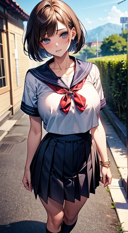 (masterpiece, highest quality, High resolution, Anime screenshots, Anime Color, 8k, Realistic), High School Girl Nausicaa, very cute, Sad expression, beautiful girl, clear, Baby Face, alone, Brown Hair, short hair, Red Gem Earrings, Loneliness, Secret Feelings, Moist eyes, (Looking at the audience), Cleavage, (High School Girl Uniform, mini skirt), Perfect beauty, Luxury hotel suites, (Perfectly detailed anatomy, Beautiful and elaborate face&eye:1.5, Shiny skin, Perfect body)、White underwear、I want to see the whole body