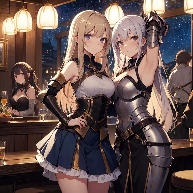 A group of female medieval fantasy adventurers, (in tavern), various hair styles, harem, night, details face, short skirt, seducing, sleeveless, armor