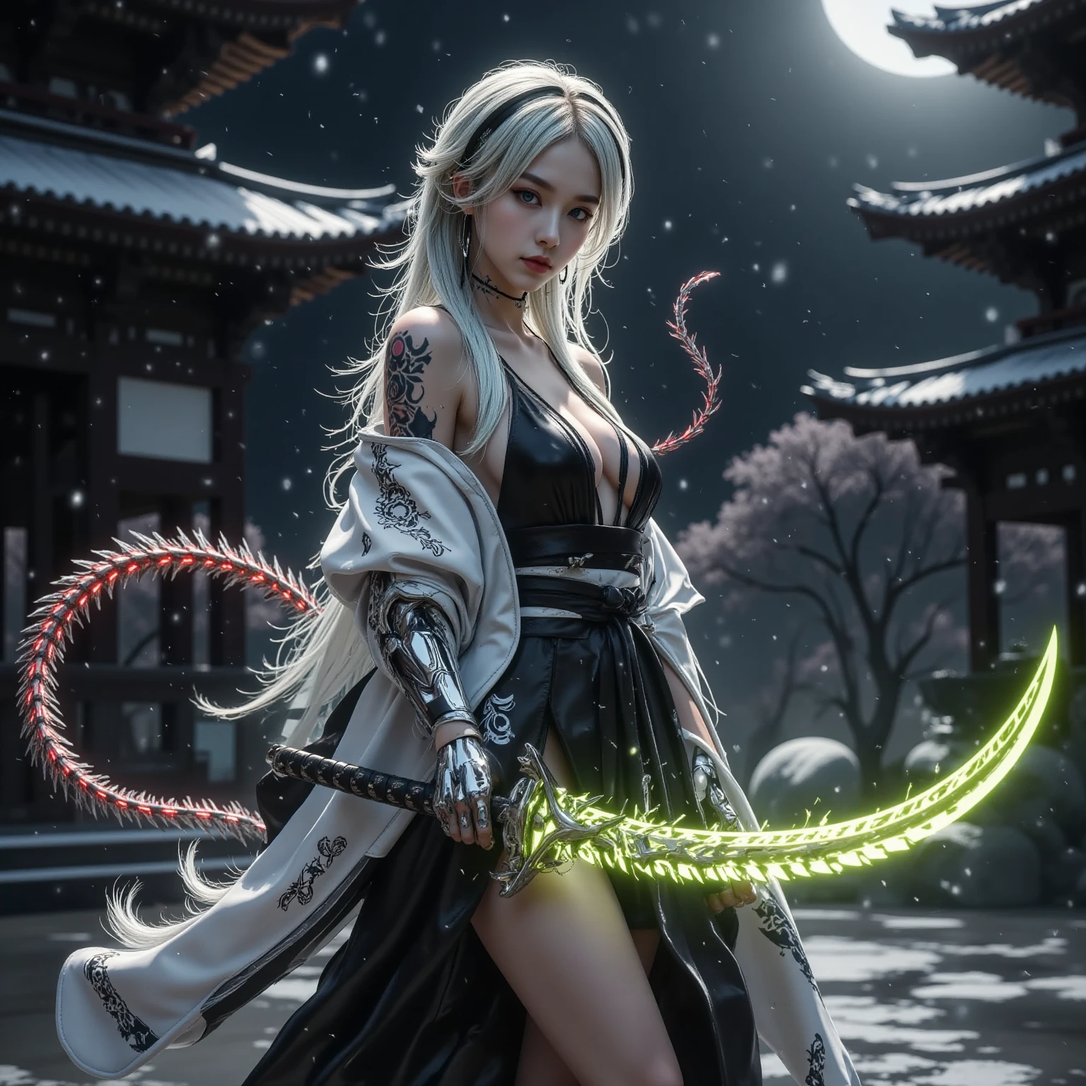 Cinematic lighting,super detailed skin、Beautiful detailed eyes、Best Quality,cyberpunked,(Alternative、dim colors, Soothing tones:1.3),NSFW(2 Beautiful Women、Detailed beautiful facial features:1.3)(well-shaped breasts、Exposure of the back and shoulders、Lacey Japan Kimono、Ripped clothes:1.2).(arma、Looks Back:1.5)Highly detailed hands、Predawn sky、Destroyed torii gate⛩、skyscraper rooftop(Mechanical Moon:1.2)
