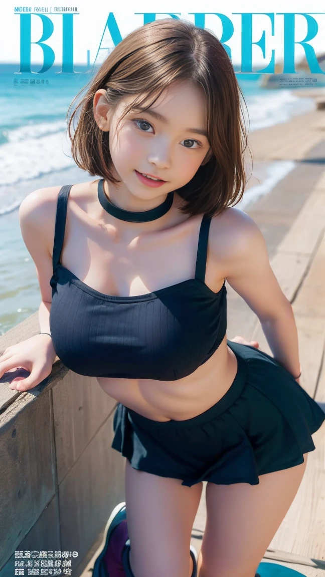 Beautiful high school student playing on the beach in school uniform，Super high value，extra very short hair，Delicate hair，Fair face and skin，Hanging water droplets，Happy playing in the water，Large breasts，Chest hyperexcion，perfect body figure，The sea is crystal clear
