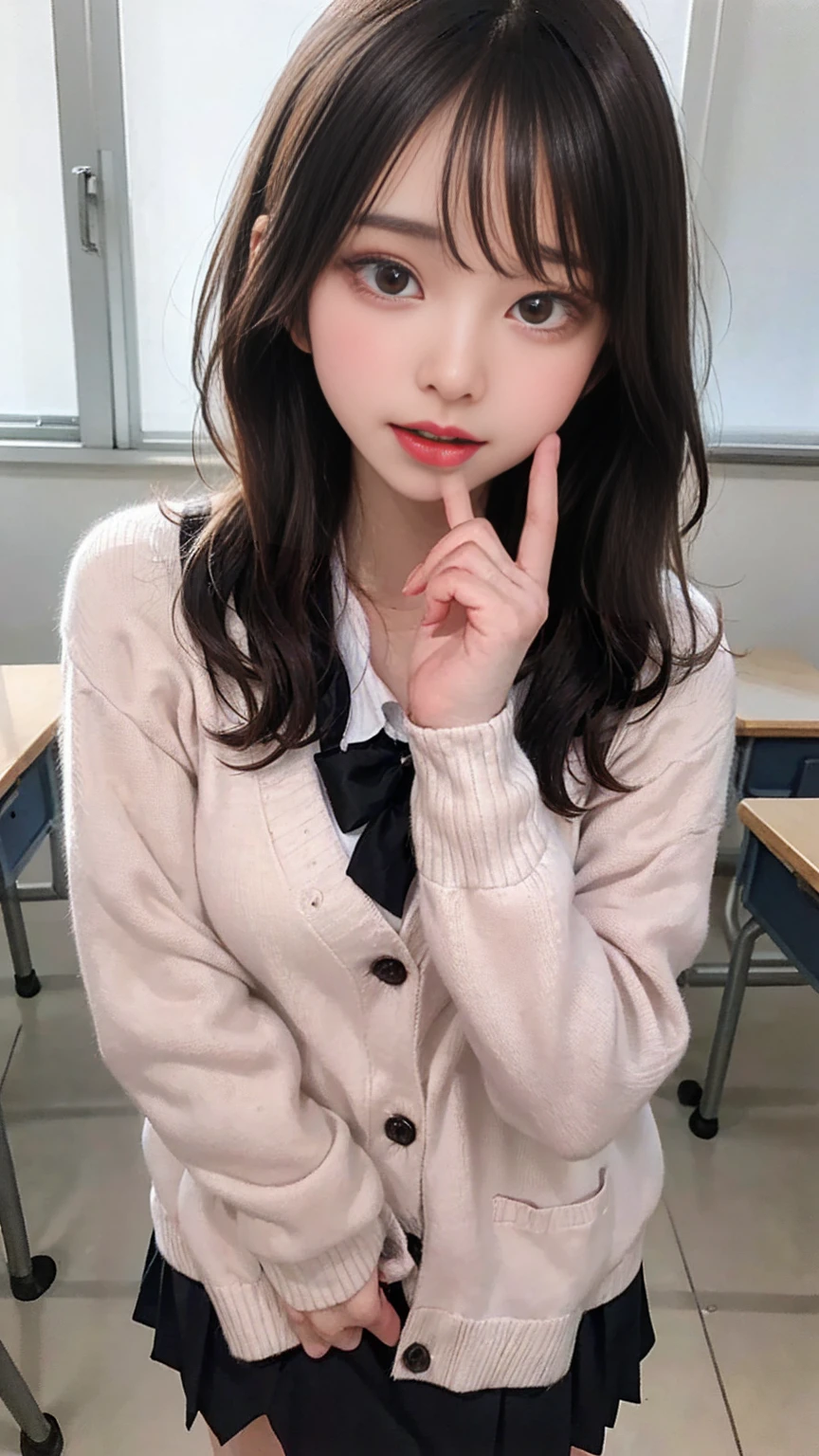 ((highest quality、(NSFW、((camel toe))、highest quality、masterpiece、Super high resolution、8K、highest quality、Drawn details)、(I photographed the whole body、stand)、(tilt one&#39;s head)、Photographed from a side angle、17-year-old high school girl、very beautiful shape、Dark blue blazer uniform、dark blue mini skirt、white shirt、ribbon tie、Beautiful girl with black hair、black short hair、Secure your hair with white hairpins、Show ears、