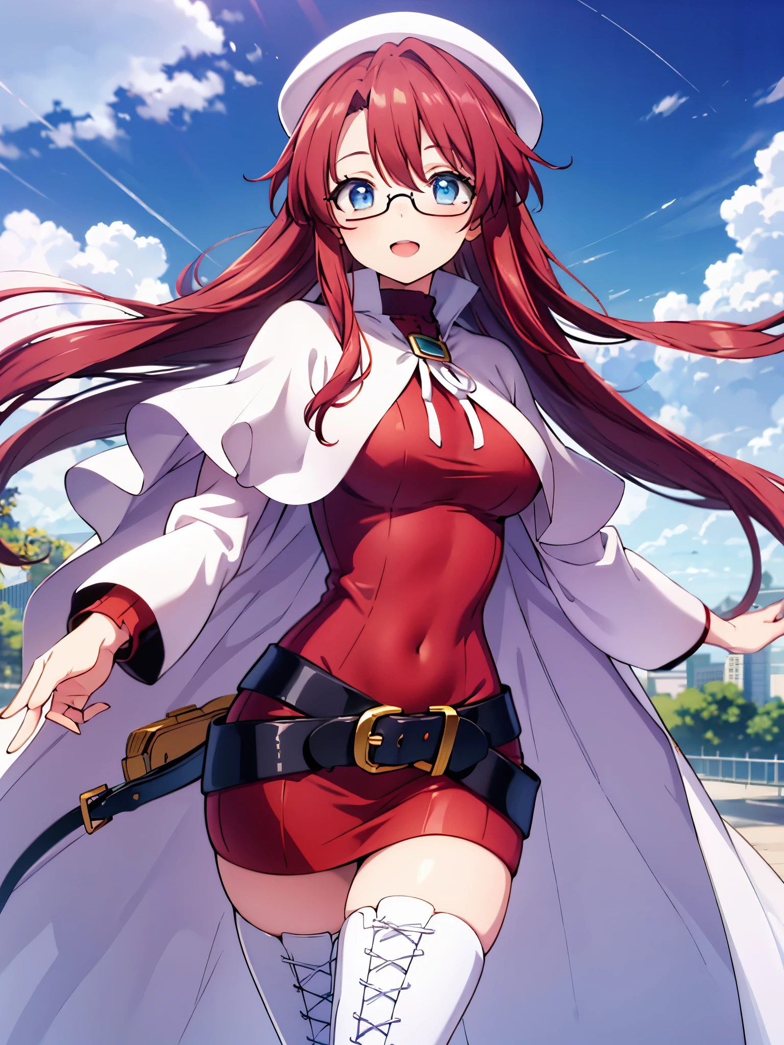 summonnightaty, aty, (young:1.3),long hair, blue eyes, red hair, large_beret, hat, glasses,
BREAK long hair, thighhighs, hat, dress, boots, glasses, belt, cape, sweater, zettai ryouiki, beret, thigh boots, white footwear, ribbed sweater, loose belt,solo,
BREAK outdoors, fantasy,on_beach
,Highquality_hads,perfect_fingers,
BREAK (masterpiece:1.2), best quality, high resolution, unity 8k wallpaper, (illustration:0.8), (beautiful detailed eyes:1.6), extremely detailed face, perfect lighting, extremely detailed CG, (perfect hands, perfect anatomy),covered_nipples,covered_navel ,half_eyes,long_sword,sleepy,standing,red_sweater,apart_knees,magical_effect,spread_legs, have_a_book,teacher,rise_knee,Smile,rise_hand,look_down_viewer,spread_arms,