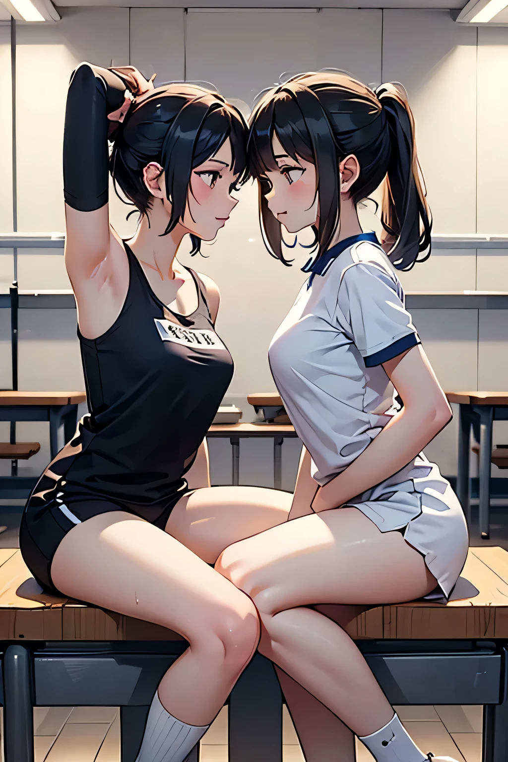 best quality、 high resolution、( high definition:1.2)、masterpiece、 detailed background、( Highly Detailed Face :1.2)、 anatomically correct、( detailed eyes:1.2)、Normal number of fingers、age beauty、 perfect body line、 brightly colored hair color 、 Braided Bob Cut 、 ponytail、Attractive thighs、Wide々Inside the gymnasium 、Physical education class、Warm-up exercises、
( girls pair up in pairs facing each other and relax their bodies while aligning their movements:1.5)、
one person rotates their arms a lot while the other repeats the same movement 、 There are moments when the pair looks at each other and smiles spill out 、 In the movement of stretching out the shoulders and arms, one side supports while lightly pulling the other hand 、 push your back and stretch deeply Helping you do it 、 next move on to leg stretching exercises 、 where one person lifts one leg and balances 、 the other person supports and stabilizes that leg 、 Other students move in the same way in the surroundings 、 the whole thing is wrapped in one rhythm 、The pair of two continue to do warm-up exercises while breathing together、 each other An exhilarating air drifts somewhere with the feeling that the body is loosening with support 、 quiet energy that heralds the beginning of class 、
white short sleeve t-shirt or polo shirt 、 with a name tag on a simple design 、 dark blue or black bloomers 、 Something that is firm and fit yet easy to move around 、White crew socks、 Something that fits the ankle with ribbed knit to prevent misalignment during exercise 、 mesh material T-shirts and sleeveless 、 bloomers with sweat-absorbent and quick-drying material with good breathability 、 cute