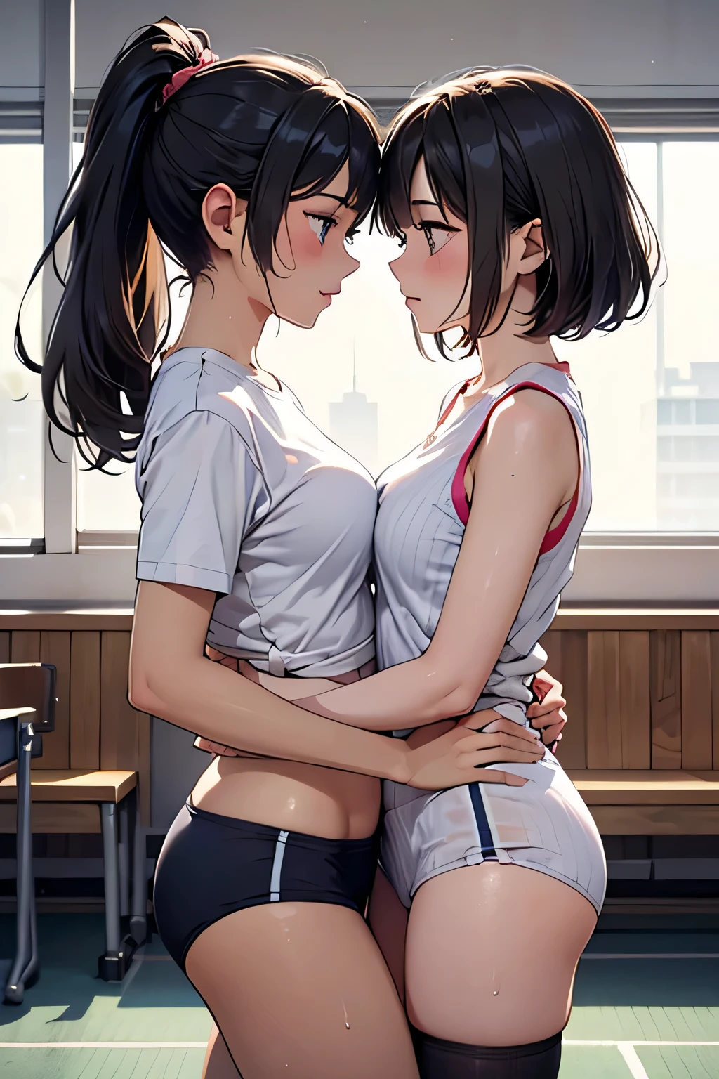 best quality、 high resolution、( high definition:1.2)、masterpiece、 detailed background、( Highly Detailed Face :1.2)、 anatomically correct、( detailed eyes:1.2)、Normal number of fingers、age beauty、 perfect body line、 brightly colored hair color 、 Braided Bob Cut 、 ponytail、Attractive thighs、Wide々Inside the gymnasium 、Physical education class、Warm-up exercises、
( girls pair up in pairs facing each other and relax their bodies while aligning their movements:1.5)、
one person rotates their arms a lot while the other repeats the same movement 、 There are moments when the pair looks at each other and smiles spill out 、 In the movement of stretching out the shoulders and arms, one side supports while lightly pulling the other hand 、 push your back and stretch deeply Helping you do it 、 next move on to leg stretching exercises 、 where one person lifts one leg and balances 、 the other person supports and stabilizes that leg 、 Other students move in the same way in the surroundings 、 the whole thing is wrapped in one rhythm 、The pair of two continue to do warm-up exercises while breathing together、 each other An exhilarating air drifts somewhere with the feeling that the body is loosening with support 、 quiet energy that heralds the beginning of class 、
white short sleeve t-shirt or polo shirt 、 with a name tag on a simple design 、 dark blue or black bloomers 、 Something that is firm and fit yet easy to move around 、White crew socks、 Something that fits the ankle with ribbed knit to prevent misalignment during exercise 、 mesh material T-shirts and sleeveless 、 bloomers with sweat-absorbent and quick-drying material with good breathability 、 cute