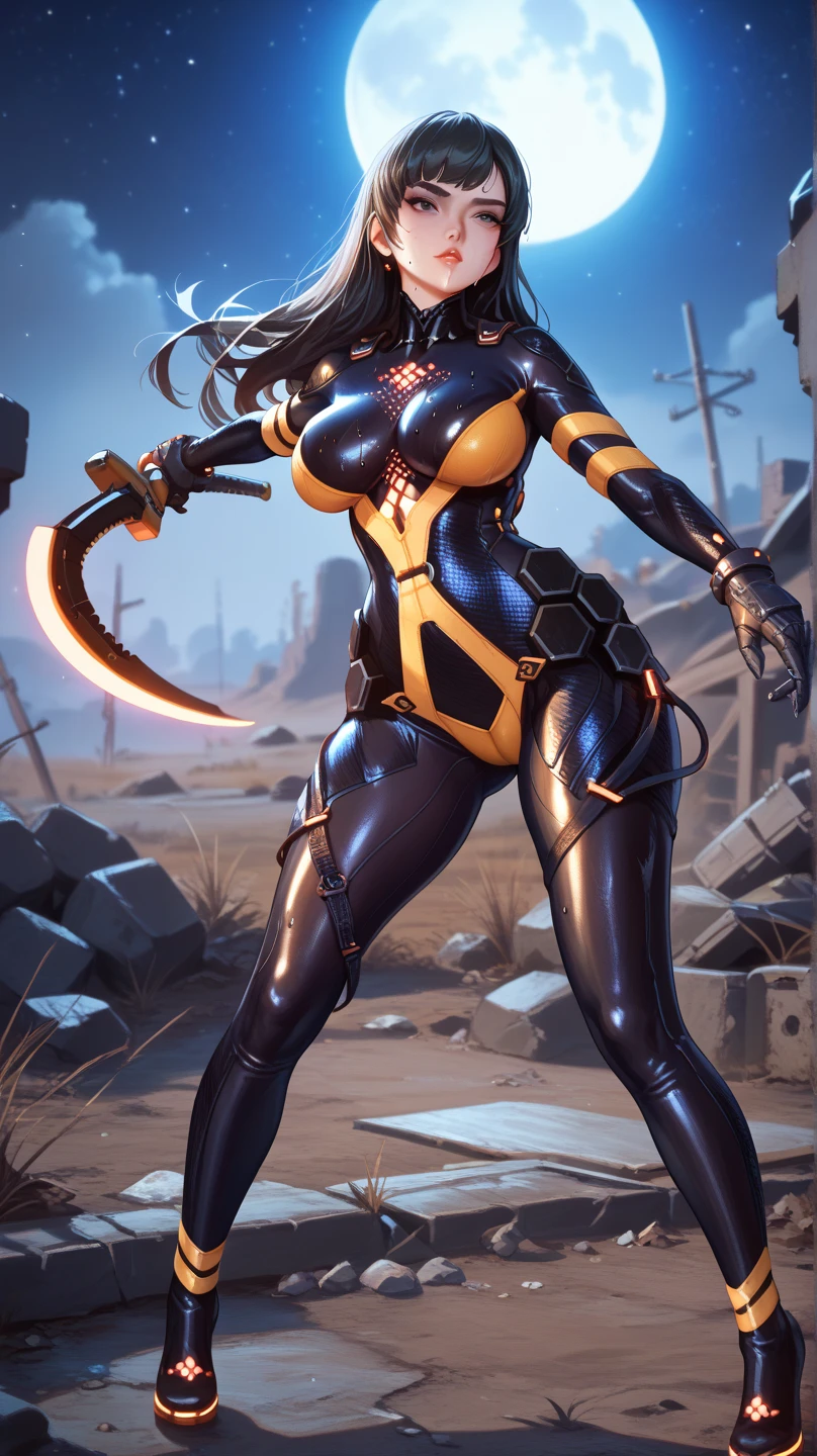 girl, With big breasts, with futuristic black armor, red eyes, black fur, ebony black skin.