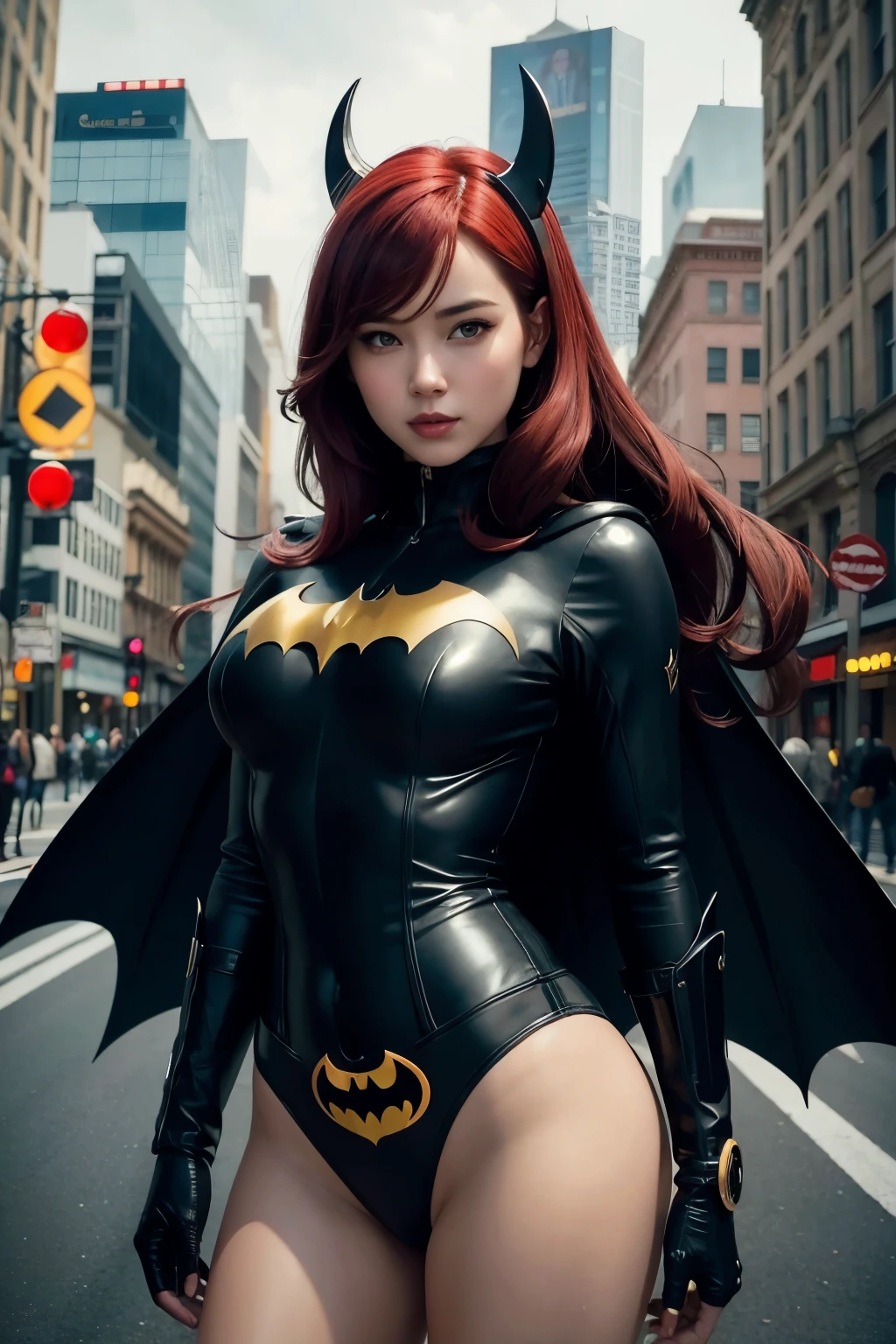 Amidst a backdrop of radiant sunset hues, a stunningly beautiful and happy 18-year-old girl confidently stands in the heart of a bustling city. Dressed in a sleek, sexily fitted Batman suit, her every curve accentuated, she exudes an alluring aura that captivates the eye. The rich, velvety texture of the suit's fabric shines beneath the warm, golden rays of the sun, reflecting off her shimmering skin. Her fiery red hair cascades down her shoulders in loose waves, catching the light and framing her radiant face. As she strikes a pose, her smile radiates pure joy, her