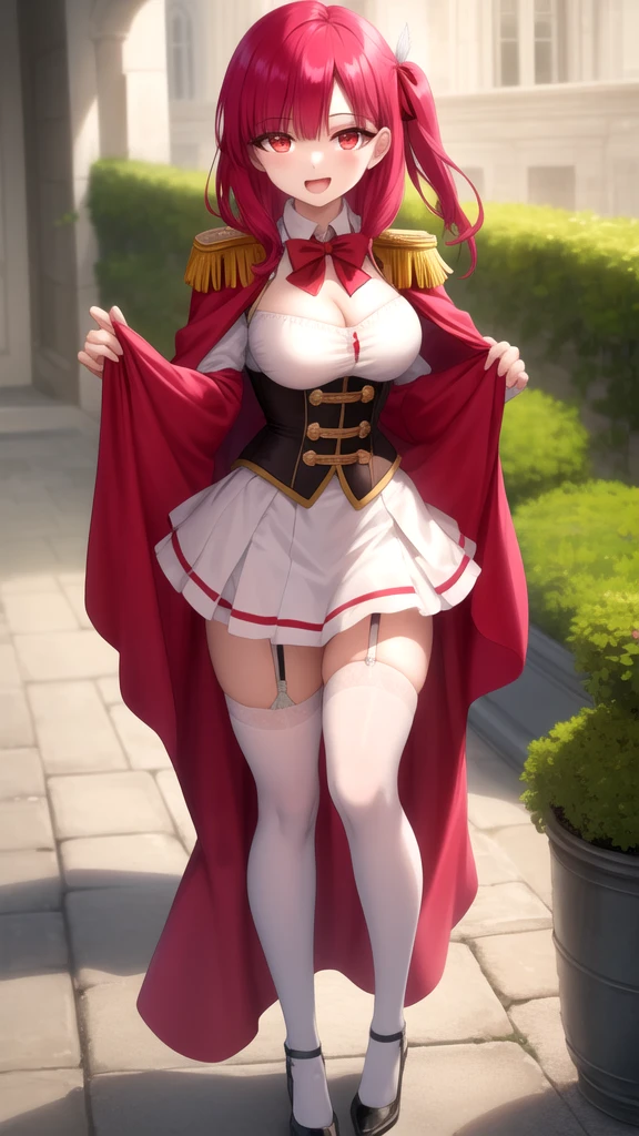 (((masterpiece,high resolution,best quality))), 1girl, solo,wine bottle,bare legs, large breasts, lying, on back, petals, looking at viewer, armpits, open mouth, solo, blush, wet clothes, heart, arms up, wet, bed sheet, origin, 1girl, red cape, boots, gloves, epaulettes, black corset, corset, black gloves, :d, black skirt, Pirotess, (yellow eyes), white hair, silver hair, very long hair, straight hair, solo, adult woman, tall, slightly muscular, large breasted, cleavage, constricted waist, Toned body, slight abs, thin dark skin, pointy ears, lipstick, makeup, black eyeshadow, circlet, white short dress, jewelry, bracelet, white gloves, thigh boots