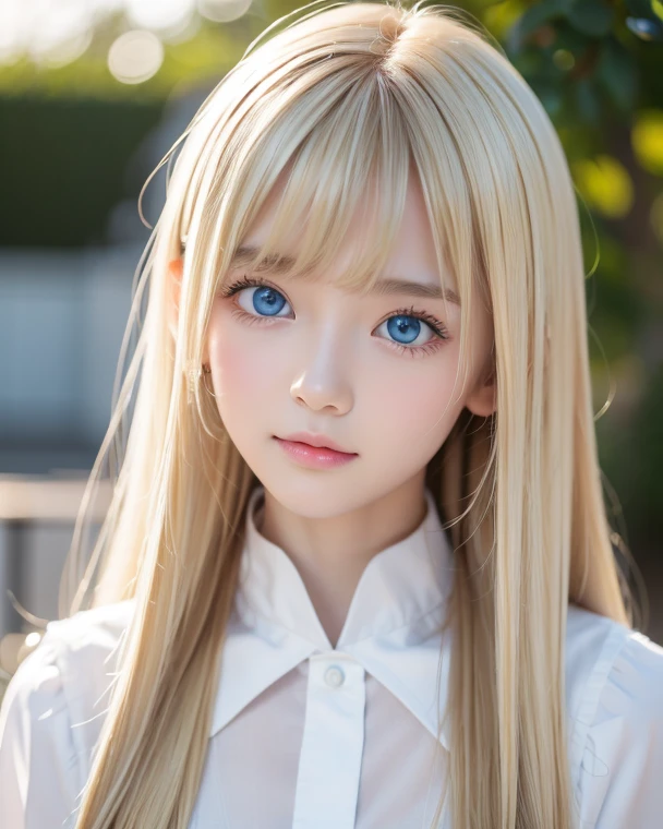 bright expression、fotorealsim、best quality、超High resolution、pictures、Very beautiful Nordic girl photo、Cute and beautiful face details、Beautiful bangs、Alice in the Wonderland、20 years old、Shining white shining skin、Bangs that stick out to the face、bangs 、Hair between the eyes、Super long hair、Attractive bright natural blonde super long straight fine hair、Smoother hair、Bright light blue big eyes bright and beautiful radiant attractive、School uniform、student clothes、eye liner、Double eyelids、breast big