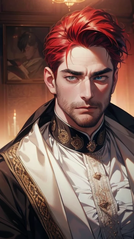 (    best quality,4K,8k,    highres,    masterpiece :1.2),    ultra-detailed    ,(realistic,photorealistic,photo-realistic:1.37),36-year-old man,3 day beard,Beautiful anime,Portraits,strong,Masculine,     with black hair  ,sharp jaw,       mesmerizing eyes       ,   Red hair,  perfectly combed hair ,cool anime outfit,       Confident expression       ,    vibrant colors,    dynamic lighting    ,    expression of love       .  realism , duke,  Victorian era. carriage.