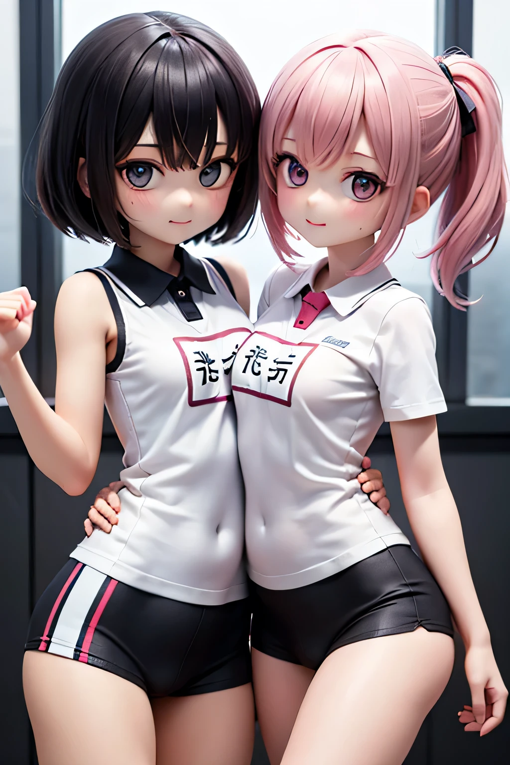 best quality、 high resolution、( high definition:1.2)、masterpiece、 detailed background、( Highly Detailed Face :1.2)、 anatomically correct、( detailed eyes:1.2)、Normal number of fingers、age beauty、 perfect body line、 brightly colored hair color 、 Braided Bob Cut 、 ponytail、Attractive thighs、Wide々Inside the gymnasium 、Physical education class、Warm-up exercises、
( girls pair up in pairs facing each other and relax their bodies while aligning their movements:1.5)、
one person rotates their arms a lot while the other repeats the same movement 、 There are moments when the pair looks at each other and smiles spill out 、 In the movement of stretching out the shoulders and arms, one side supports while lightly pulling the other hand 、 push your back and stretch deeply Helping you do it 、 next move on to leg stretching exercises 、 where one person lifts one leg and balances 、 the other person supports and stabilizes that leg 、 Other students move in the same way in the surroundings 、 the whole thing is wrapped in one rhythm 、The pair of two continue to do warm-up exercises while breathing together、 each other An exhilarating air drifts somewhere with the feeling that the body is loosening with support 、 quiet energy that heralds the beginning of class 、
white short sleeve t-shirt or polo shirt 、 with a name tag on a simple design 、 dark blue or black bloomers 、 Something that is firm and fit yet easy to move around 、White crew socks、 Something that fits the ankle with ribbed knit to prevent misalignment during exercise 、 mesh material T-shirts and sleeveless 、 bloomers with sweat-absorbent and quick-drying material with good breathability 、 cute