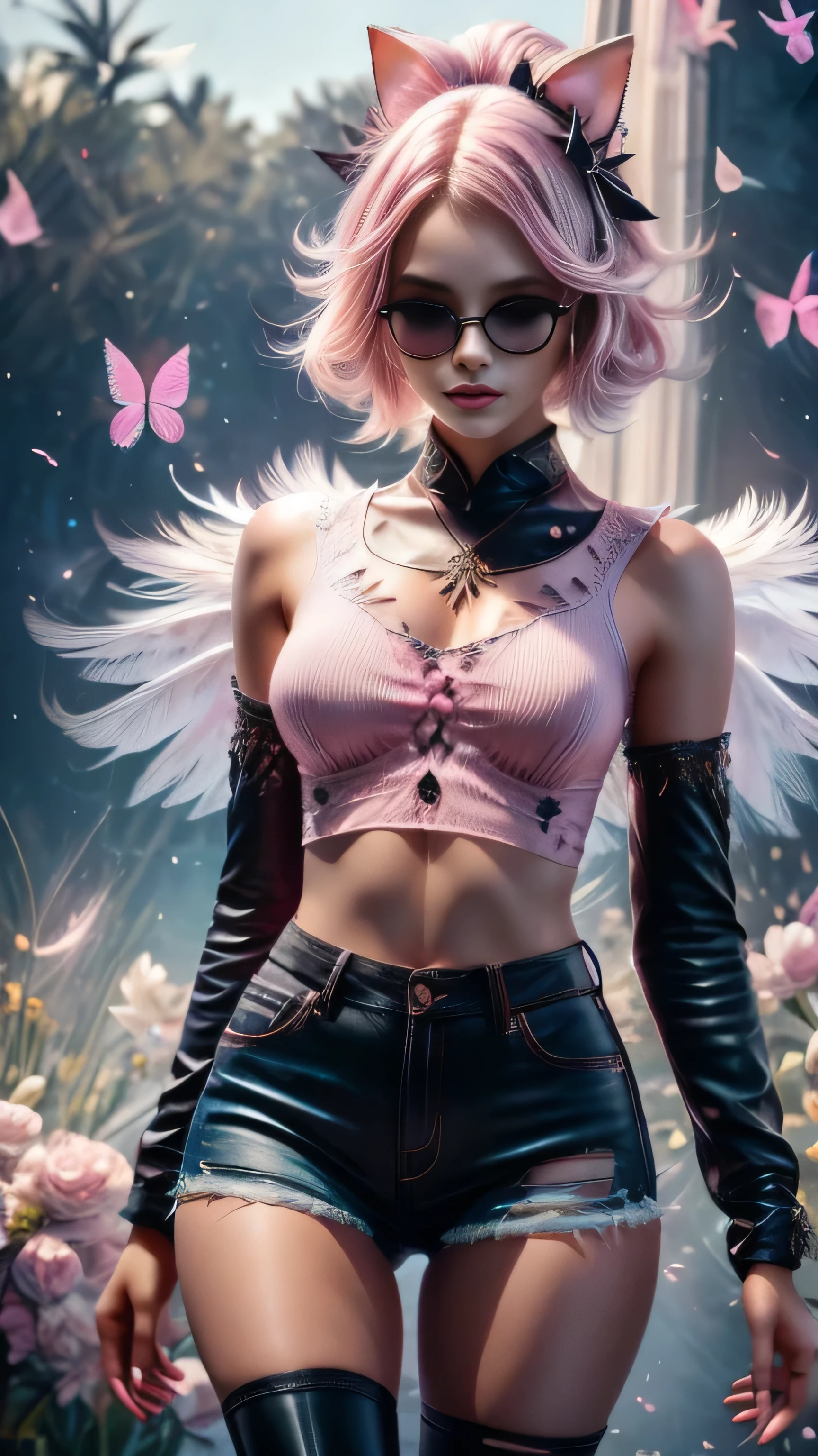 shimmering, sparkling, airbrushed gothic beauty with long black and pink hair in flowing waves, blue eyes, full slim skinny gothic cat girl body, ragged black and pink fluffy wings extending behind her crouching figure, her outfit consists of a pink long-sleeved top with the words "No More Flying" on it, ripped black jeans, pink leather boots, a mottled pink and black background with fluttering feathers, fantastic realism sparkles with unearthly magic