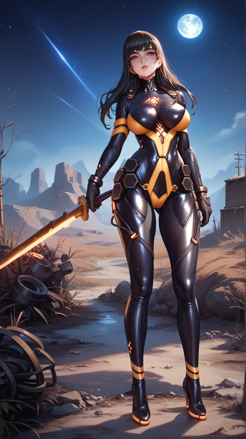(ultra-detailed CG artwork, best quality, best illumination, best shadow),(Dynamic pose, intense design, impressive, explosive power),(DC Comics),(Big Barda),(Armor and weapons),(Big Barda standing tall and powerful),(Cosmic energy crackling around her),(Vivid color scheme),(Background: red and gold cosmic nebula),(High resolution), (Full body shot),(Volumetric light)