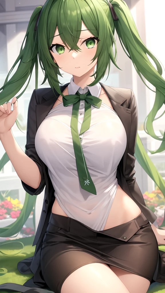 Kizi, highr, high school senior,pupils,Green hair,Green hair color,Bluish cast, Open chest and breasts,Blue_and_Green hair, Detailed beautiful eyes,navy blue eyes, evilsmile, medium boob, Open navel,Bigchest ,Big breasts Thin waist,teens girl,Tsundere,haughty,medium thigh,Fleshy legs, Long legs,校服, Japan School Uniform,JK school uniform,Long black stockings, Detailed clothes, tmasterpiece,charact,Dejected