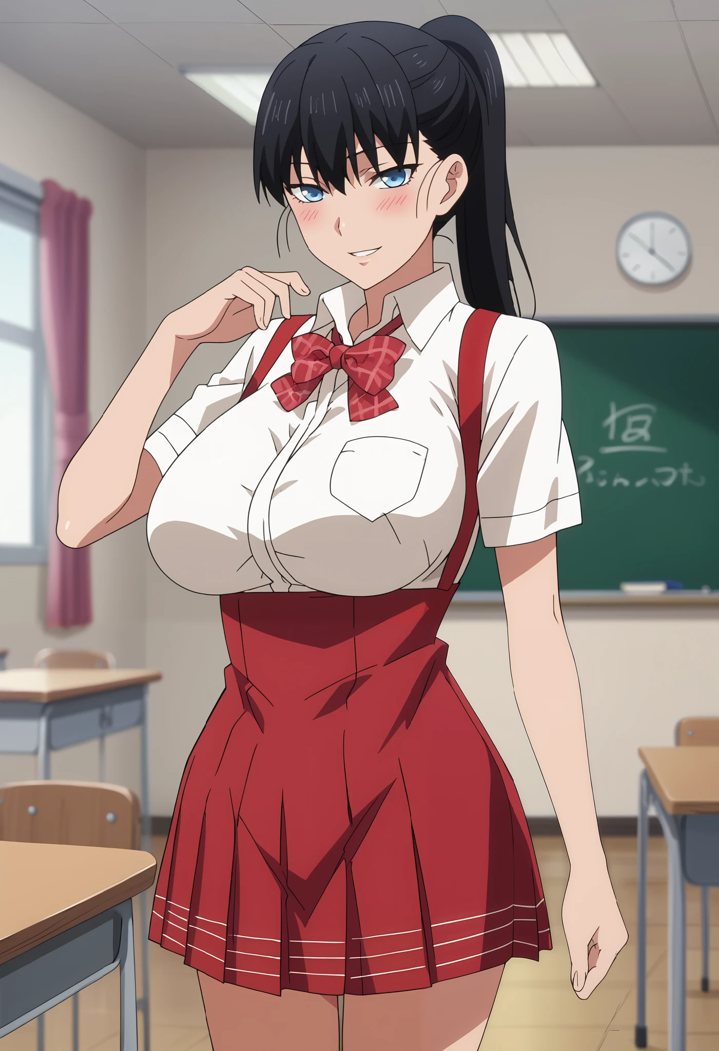score_7_up, anime screencap, 1girl, solo, parted lips, blush, ponytail, long hair, black hair, blue eyes, ToudouAkira, collared shirt, smile, white shirt, plaid bowtie, large breasts, short sleeves, suspenders, suspender skirt, high-waist skirt, red skirt, thigh gap, standing, looking at viewer, cowboy shot, upper body, classroom, blackboard, chair, indoors, blurry background