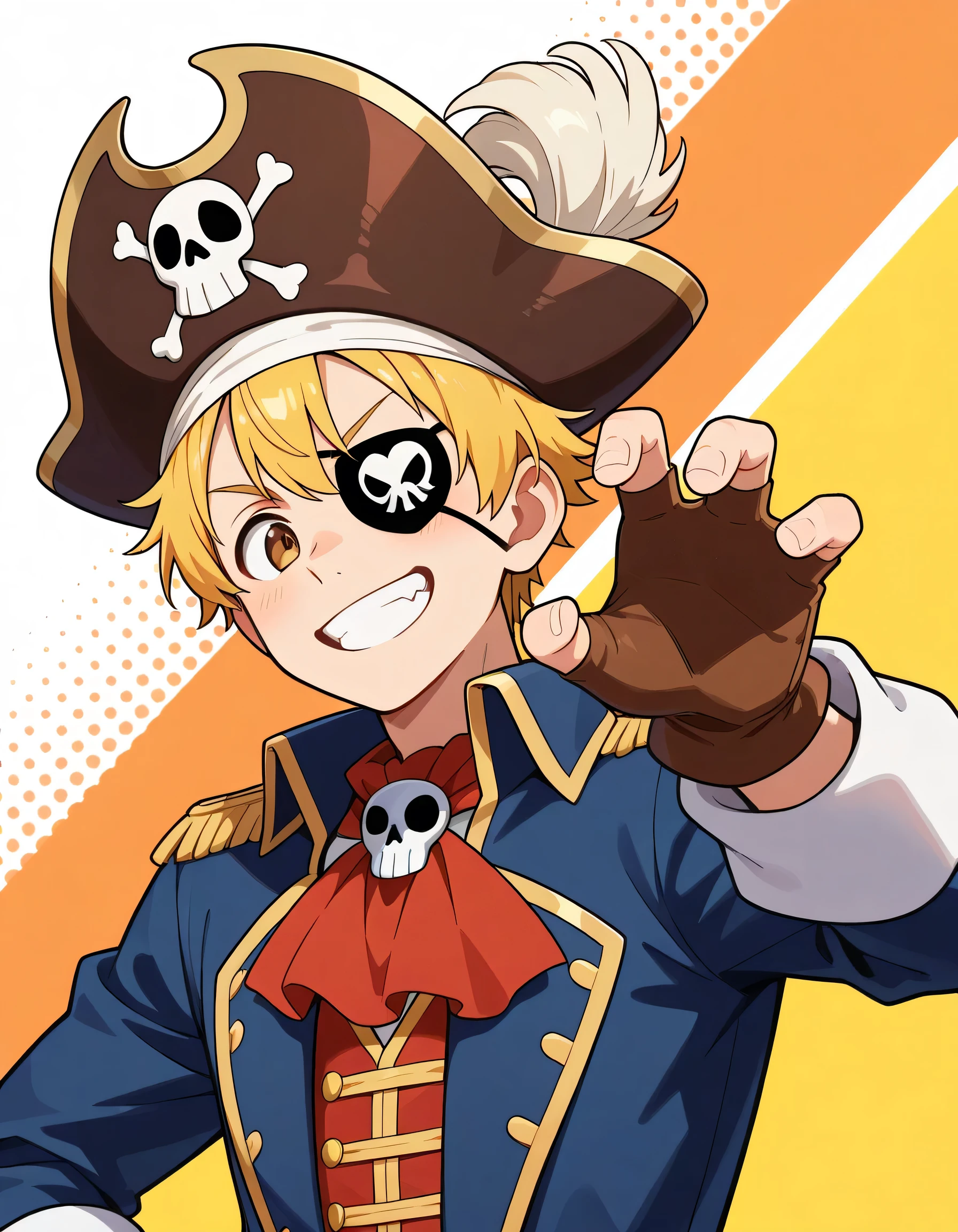 score_9, score_8_up , score_7_up , source_anime, Alone,man,man's eyes,man's nose,man's mouth,brown pirate hat, Captain Hook's Clothes,Skull Eyepatch,yellow short hair,brown eyes, captain hook claw hand,grin,whole body length,good man model pose, smile,white background