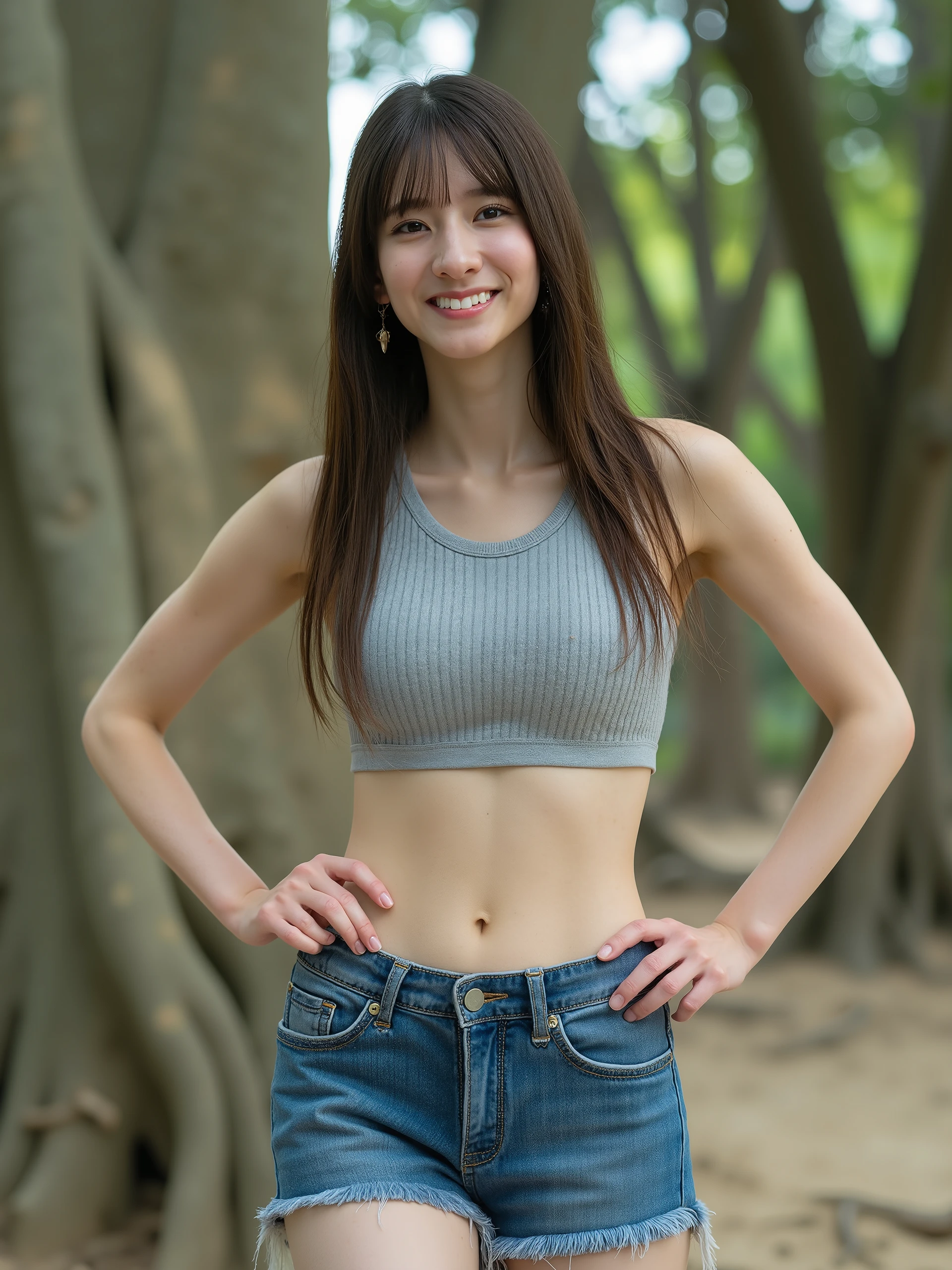 Full body, (Best quality, Masterpiece: 1.2), Pretty Japan woman photo, Crop top bikini, Sheerness, ((Full body photo)), ((Full body portrait)), Beautiful girl, 25 years old, (((without bikini tube top strap: 8.5)), Full body portrait, Very delicate body, Small tits, (Thin waist: 6.5)), (Slender abs: 9.5), (Small), (Female 160)cm), 1 star of cute Japan, long hair, realistic photo with light makeup, small breast size, small smile, clear facial features of USJ, Canon EOS, 8K high resolution, sharp and realistic details, outdoor, full body portrait, hair fluttering in the wind, bangs, tube top bikini without string: 2.8, tube top bikini without string, full body photo, full body portrait, full body portrait, sheer, sheer