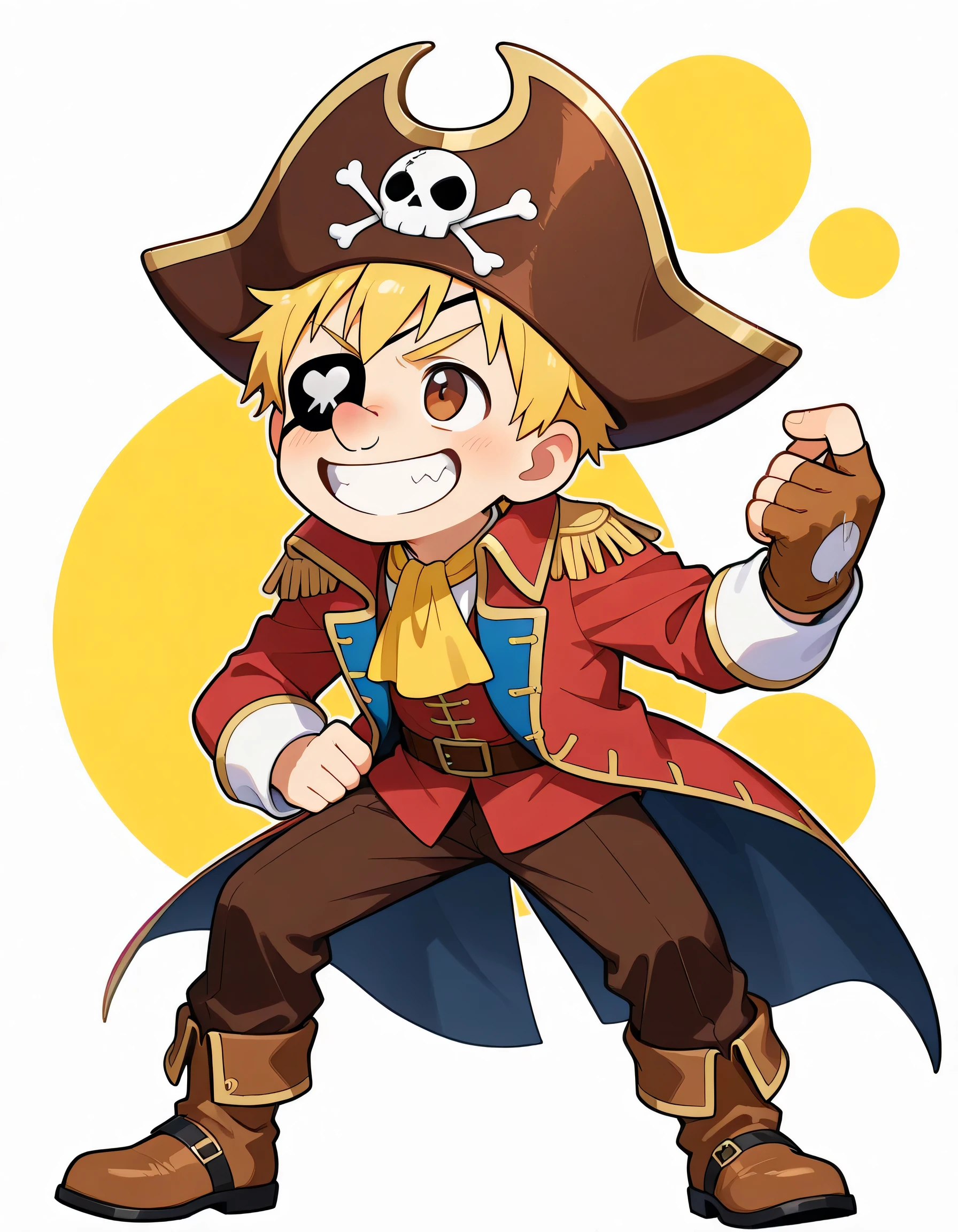 score_9, score_8_up , score_7_up , source_anime, Alone,man,man's eyes,man's nose,man's mouth,brown pirate hat, Captain Hook's Clothes,Skull Eyepatch,yellow short hair,brown eyes, captain hook claw hand,grin,whole body length,good man model pose, smile,white background