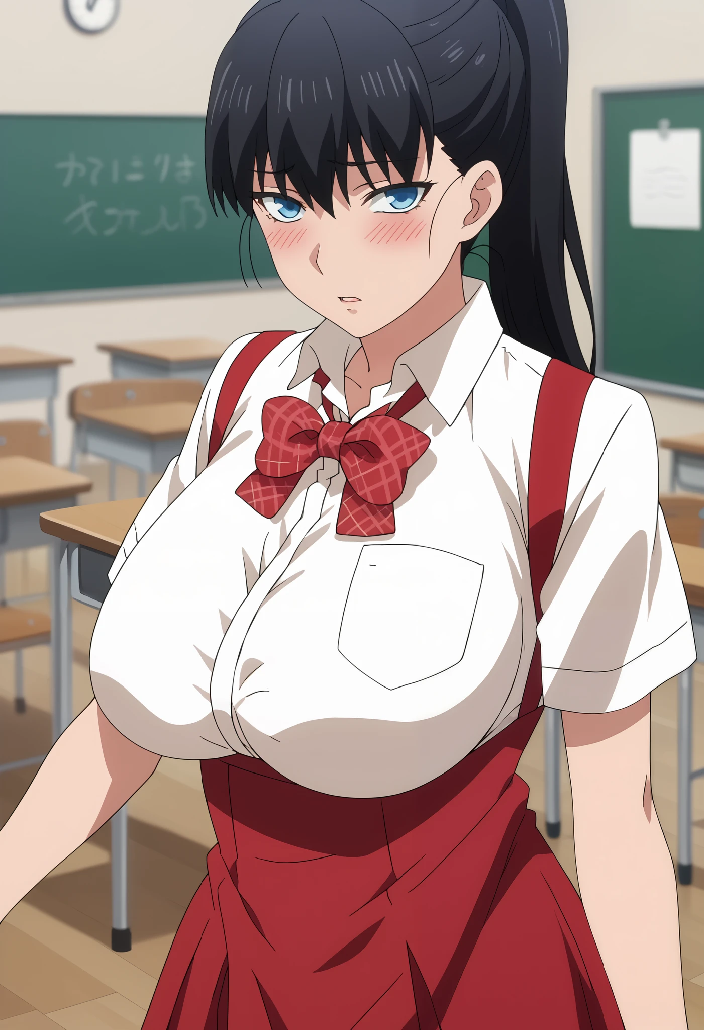 score_7_up, anime screencap, 1girl, solo, parted lips, blush, ponytail, long hair, black hair, blue eyes, ToudouAkira, collared shirt, shy look, white shirt, plaid bowtie, large breasts, short sleeves, suspenders, suspender skirt, high-waist skirt, red skirt, thigh gap, standing, looking at viewer, cowboy shot, upper body, close up, classroom, blackboard, chair, indoors, blurry background
