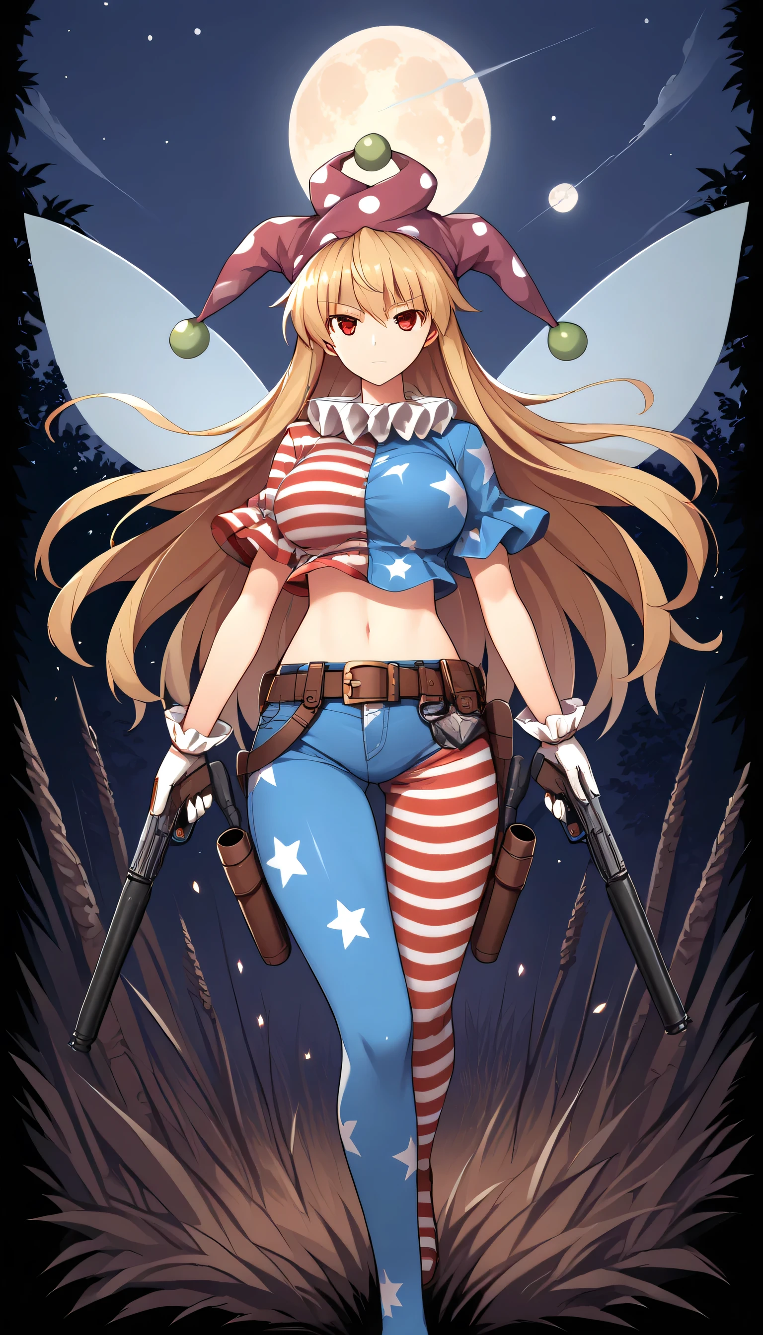 1girl, weapon, gun, , solo, , handgun, holding, gloves, holding_weapon, , , beretta_92, midriff, dual_wielding, crop_top, holding_gun, , long_hair, , belt, , breasts, , , , denim, trigger_discipline, holster, , , , , unzipped,zzClwnpc, red eyes, blonde hair, long hair, striped, jester cap, polka dot, american flag legwear, american flag dress, star print, pantyhose, fairy wings,moon, night,large breast,Touhou Lost Word Style