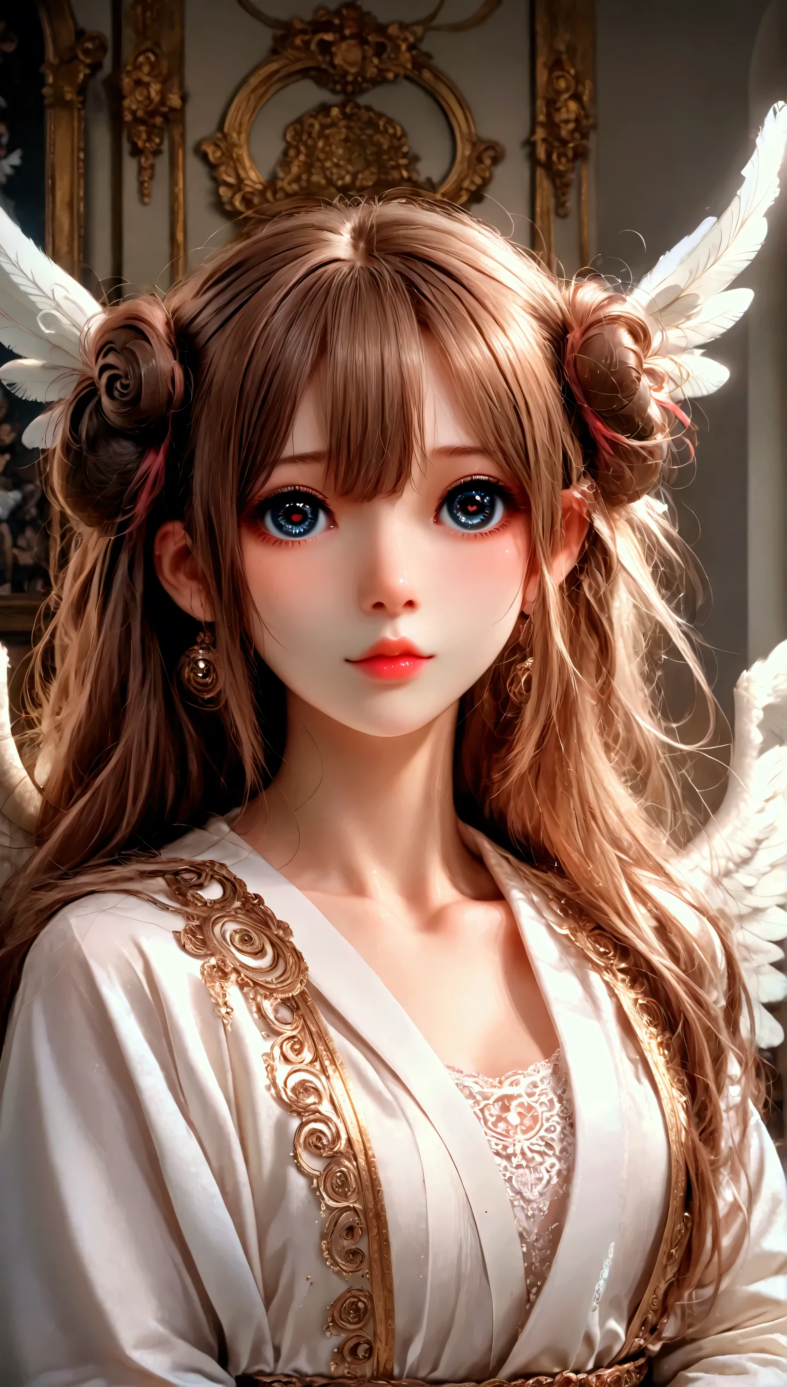 (( RAW Photo)), (( body masterpiece)), anthropomorphic humanoid-like angel pieces wearing a noble white robe, intricate detail , run, intricate Greebles , sky behind, rosa, beautiful wings, detailed eyes and lips