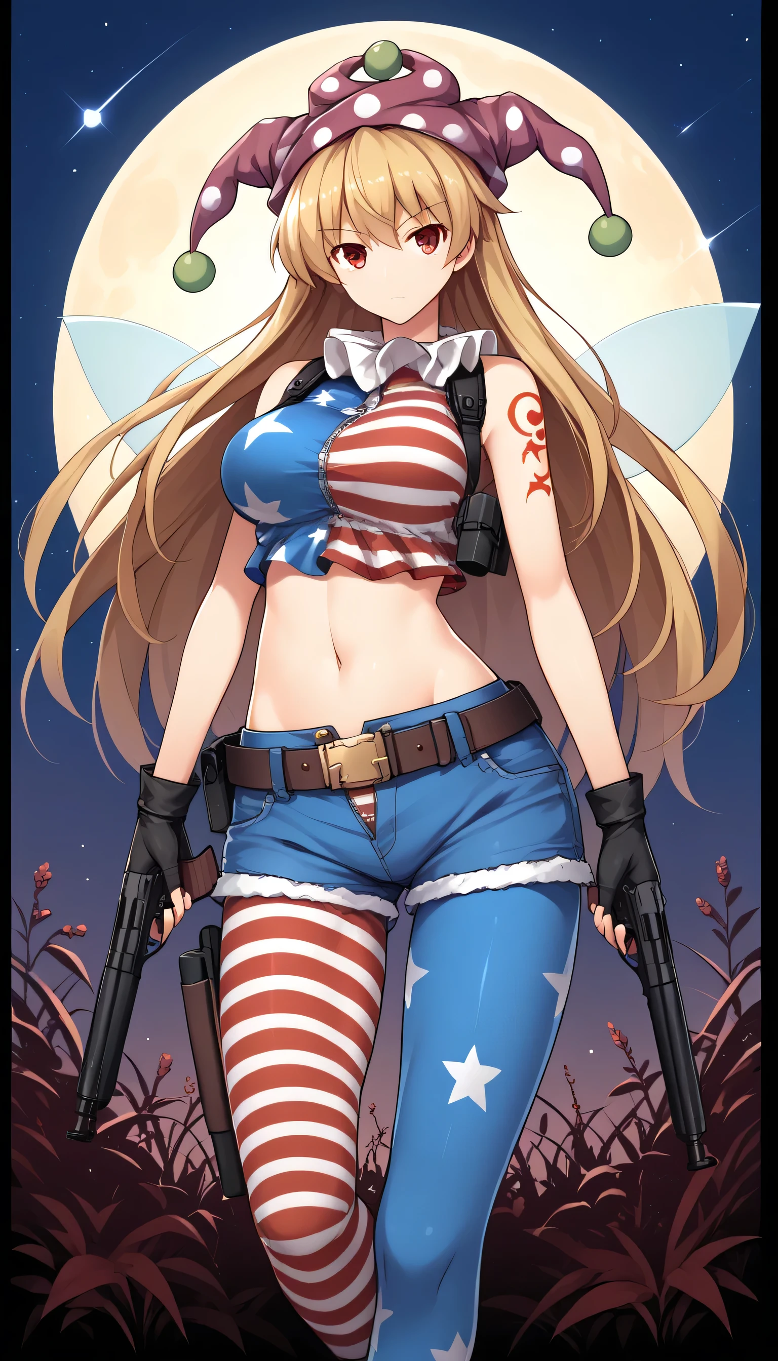 1girl, weapon, gun, , solo, , handgun, holding, gloves, holding_weapon, , fingerless_gloves, beretta_92, midriff, dual_wielding, crop_top, holding_gun, navel, long_hair, , belt, tank_top, breasts, , , , denim, trigger_discipline, holster, , cross, shorts, black_gloves, arm_tattoo, unzipped, , black_tank_topzzClwnpc, red eyes, blonde hair, long hair, striped, jester cap, polka dot, american flag legwear, american flag dress, star print, pantyhose, fairy wings,moon, night,large breast,Touhou Lost Word Style