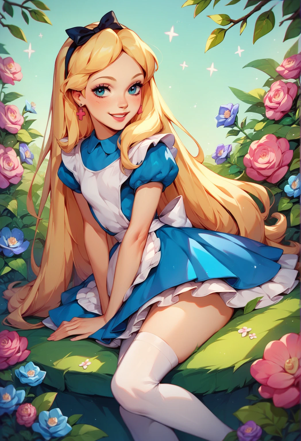 Alice,  very tiny minidress,  white stockings,  sitting crossed legs,  smiling,  very seductive pose,  sun shiny day 