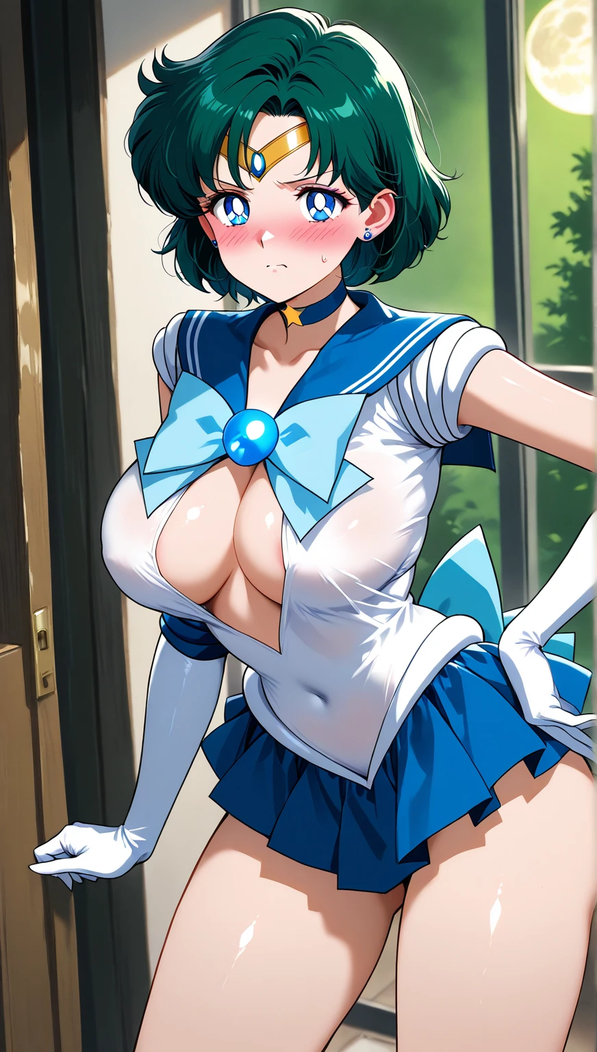 (masterpiece), (Highest quality), anime, Cinematic Light, Mizuno Ami, Sailor Mercury, stand, coastal, Perfect body, Blue Hair, uniform,anime風,Panty shot,Dynamic Movement,8 heads,Big breasts emphasis,Nipples erect through clothes,