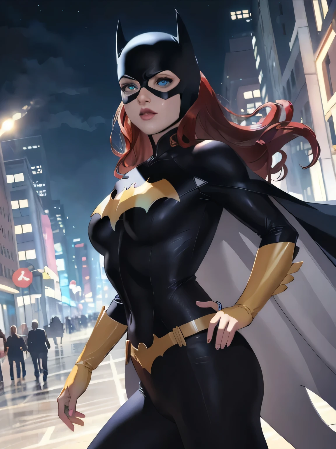 Batgirl Arkham knight, sexy woman,DC comics,small, half naked, classic costume with mask, custom colors blue and yellow, YOUNG, super skynny body, small and beautiful buttocks, toned abdomen, small and beautiful breasts, gloves, Boots, pose sexy, malevolent, obscene, powerful, super sensual, oscuridad, nocturno, Dramatic background, In the background is Gotham City on fire, Apocalyptic atmosphere, Batman signal in the sky, sensual look, beautiful blue eyes, classic hairstyle,Hair dyed in bright red color, best quality,4k,8k,A high resolution,masterpiece,ultra detailed,Realistic, Photorealistic,photo realistic