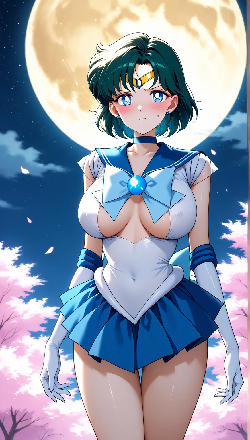 masterpiece, best quality, highres, absurdres, ultra detailed, pretty eyes, mer1, tiara, sailor senshi uniform, blue sailor collar, bow, knee boots, choker, white gloves, blue choker, elbow gloves, jewelry, earrings, blowing kiss, cowboy shot, night, outdoors, moon, smile, city, ((black biker shorts)), ((show cameltoe)), [nipples]
