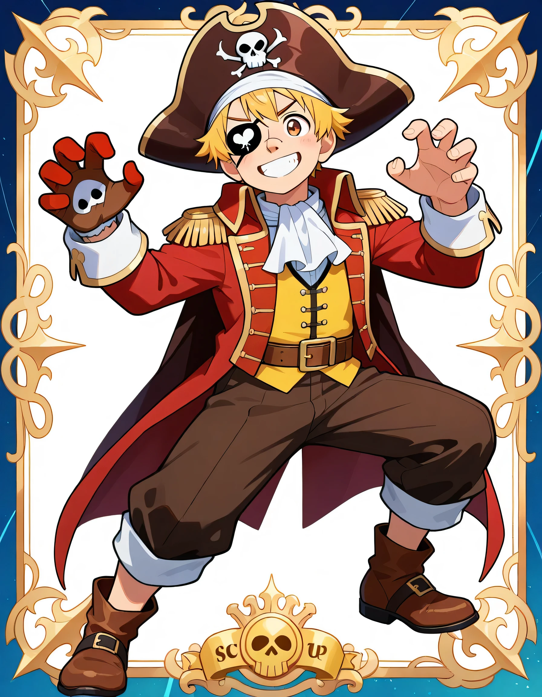 score_9, score_8_up , score_7_up , source_anime, Alone,man,man's eyes,man's nose,man's mouth,brown pirate hat, Captain Hook's Clothes,Skull Eyepatch,yellow short hair,brown eyes, (captain hook claw hand),grin,whole body length,good man model pose, smile,white background