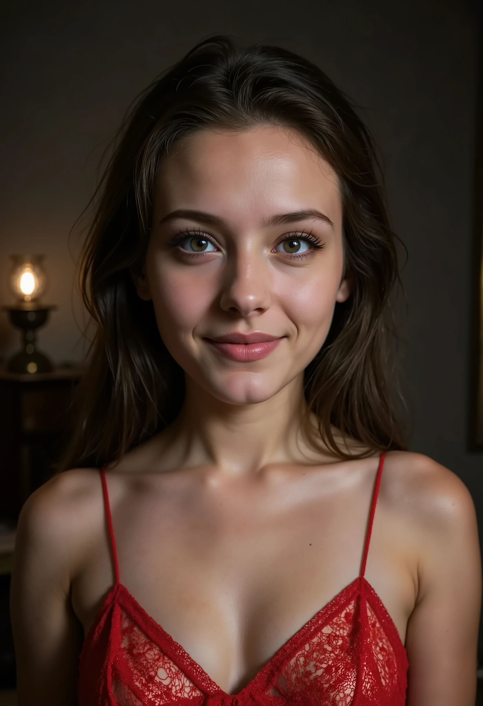 (close-up, editorial photograph of a 20 yo woman from the 1940's), (highly detailed face:1.4) (smile:0.7) (background inside dark, moody, private study:1.3) POV, by lee jeffries, nikon d850, film stock photograph ,4 kodak portra 400 ,camera f1.6 lens ,rich colors ,hyper realistic ,lifelike texture, dramatic lighting , cinestill 800