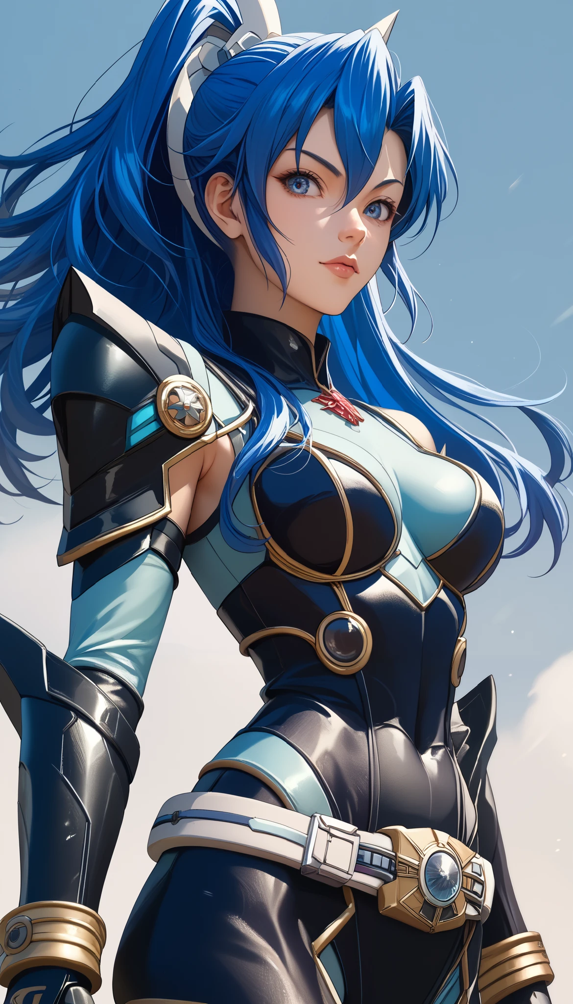 1 girl、kazanari_tsubasa、Blue hair、Shiny Hair、Tight waist、Small waist、Glowing Skin、KuugaUltimate,kuugaultimate, armor, belt, bodysuit, black armor,rider belt , helmet