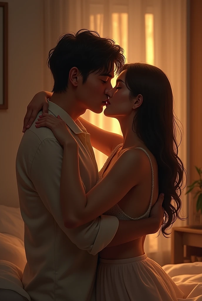 A man and a woman in silk pajamas are having sex.,50-year-old male,20-year-old female,Korean 